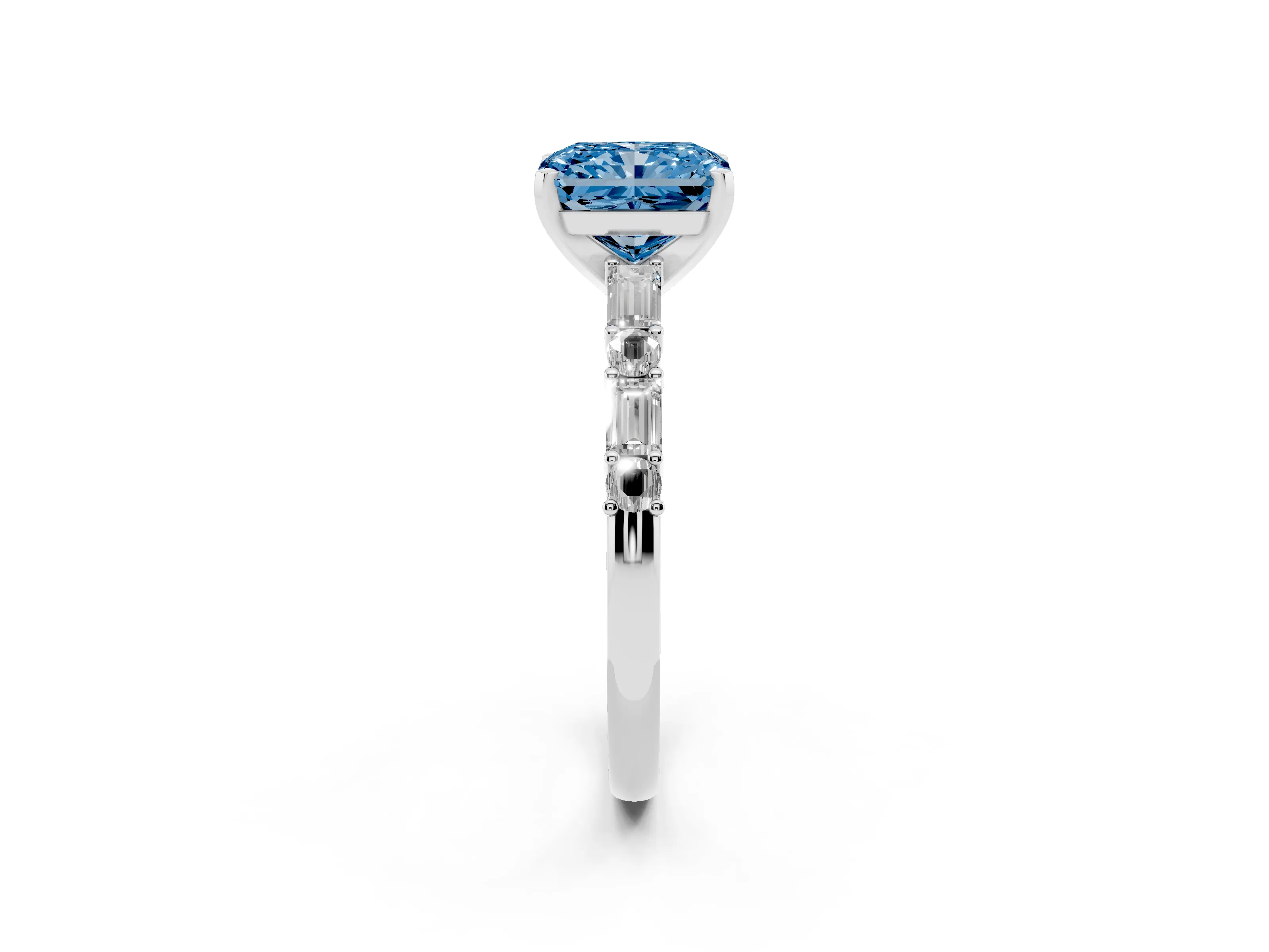 Fancy Blue Radiant Cut Diamond Solitaire Set in Platinum with Side Baguettes and Channel Set Band