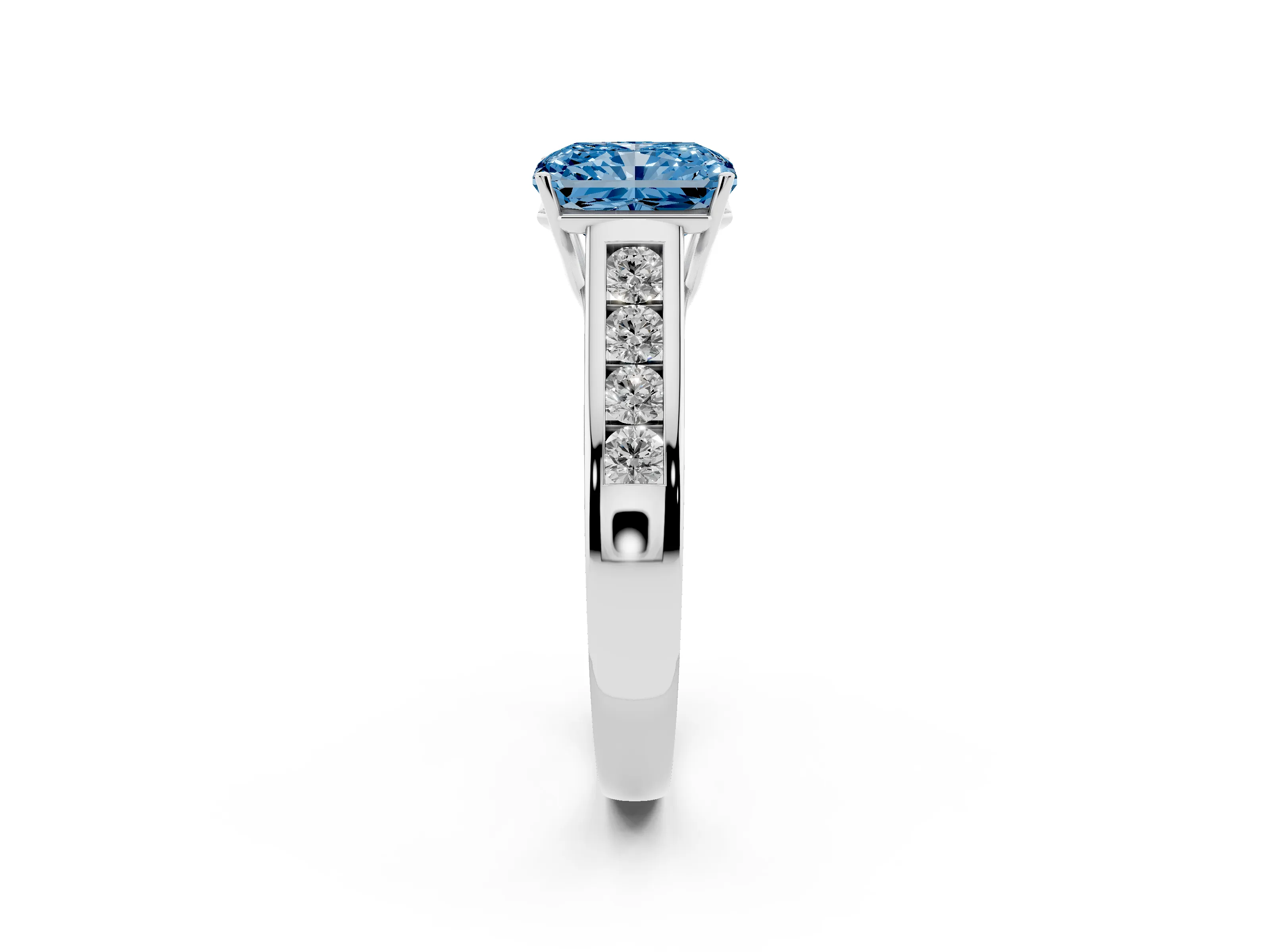 Fancy Blue Radiant Cut Diamond Brilliant Channel-Set Solitaire Ring Set in White gold with Prong Setting