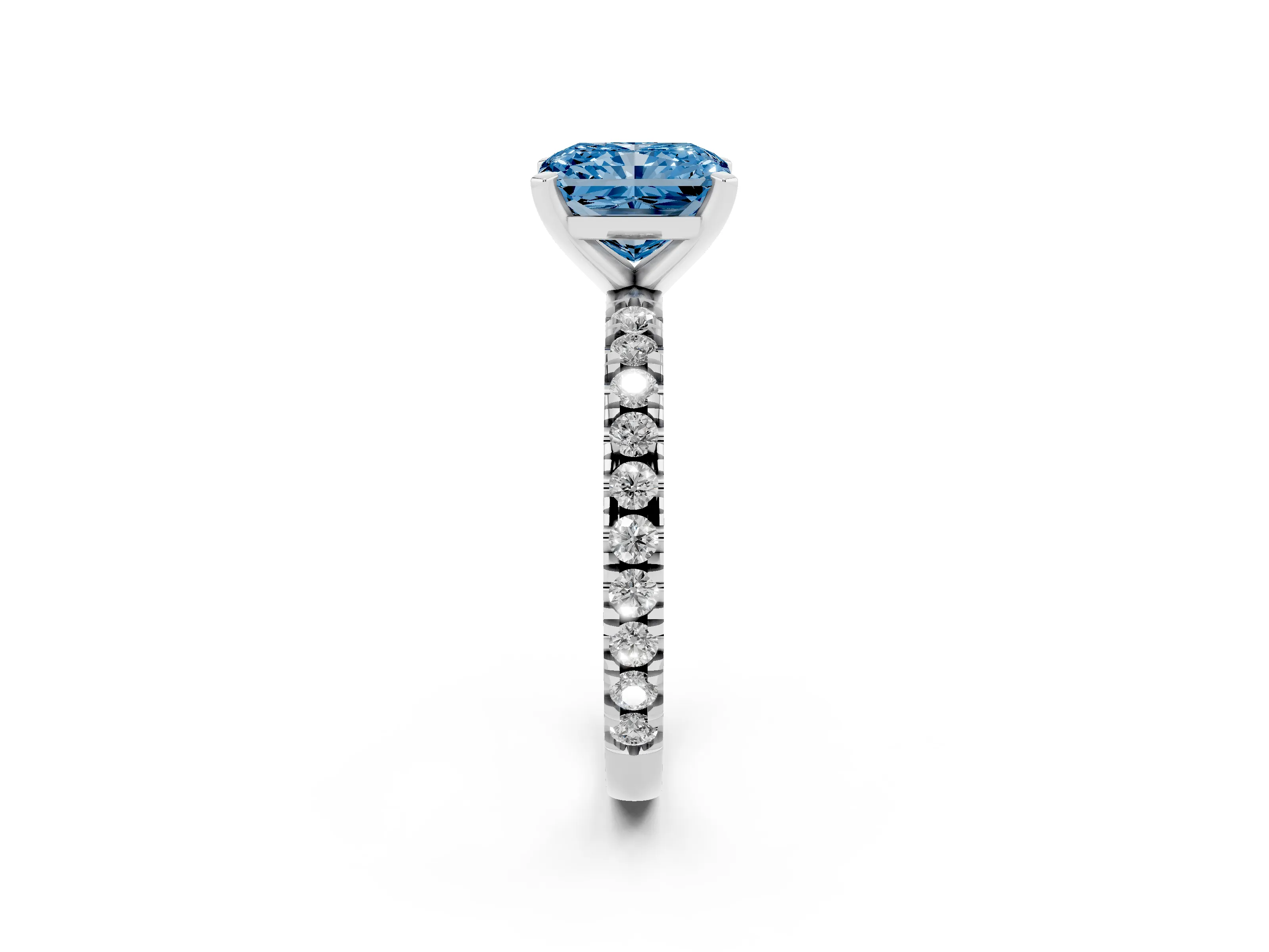 Fancy Blue Radiant Cut Diamond Pavé Band Solitaire Set in Silver with Prong Setting
