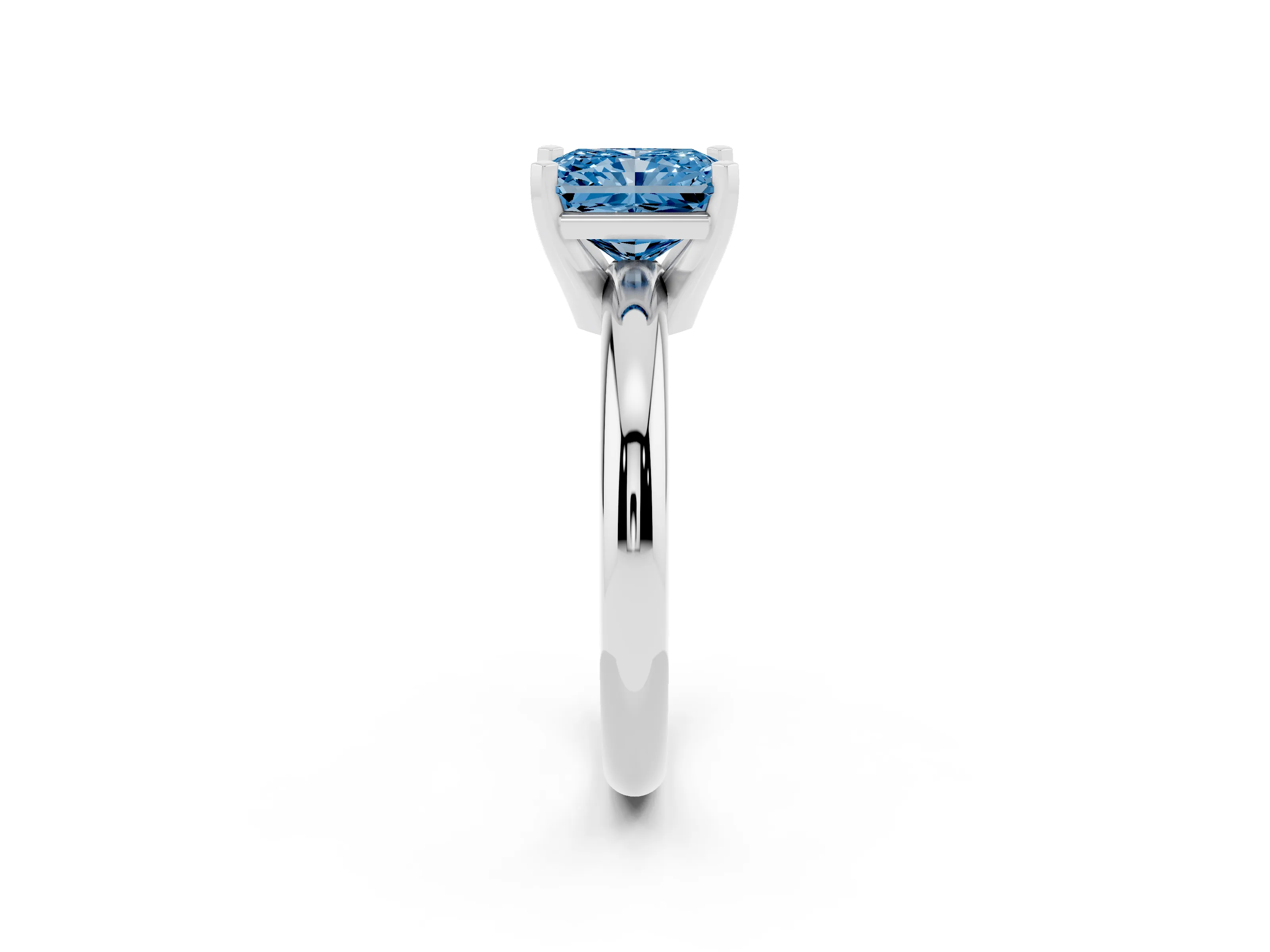 Fancy Blue Radiant Cut Diamond Solitaire Engagement Ring Set in Platinum with Round Band and Prong Setting