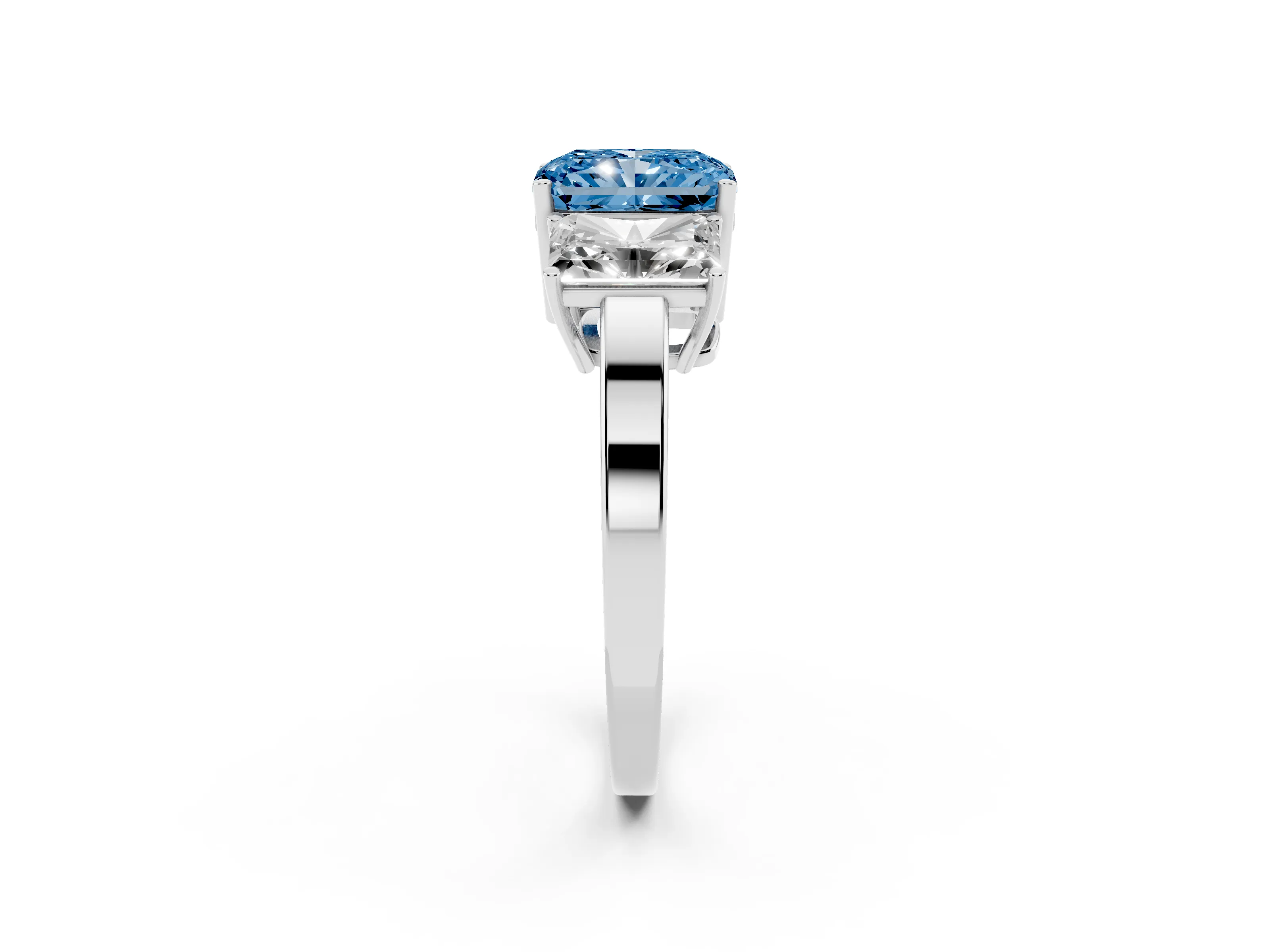 Fancy Blue Radiant Cut Diamond Three-Stone Engagement Ring Set in White gold with Flat Band