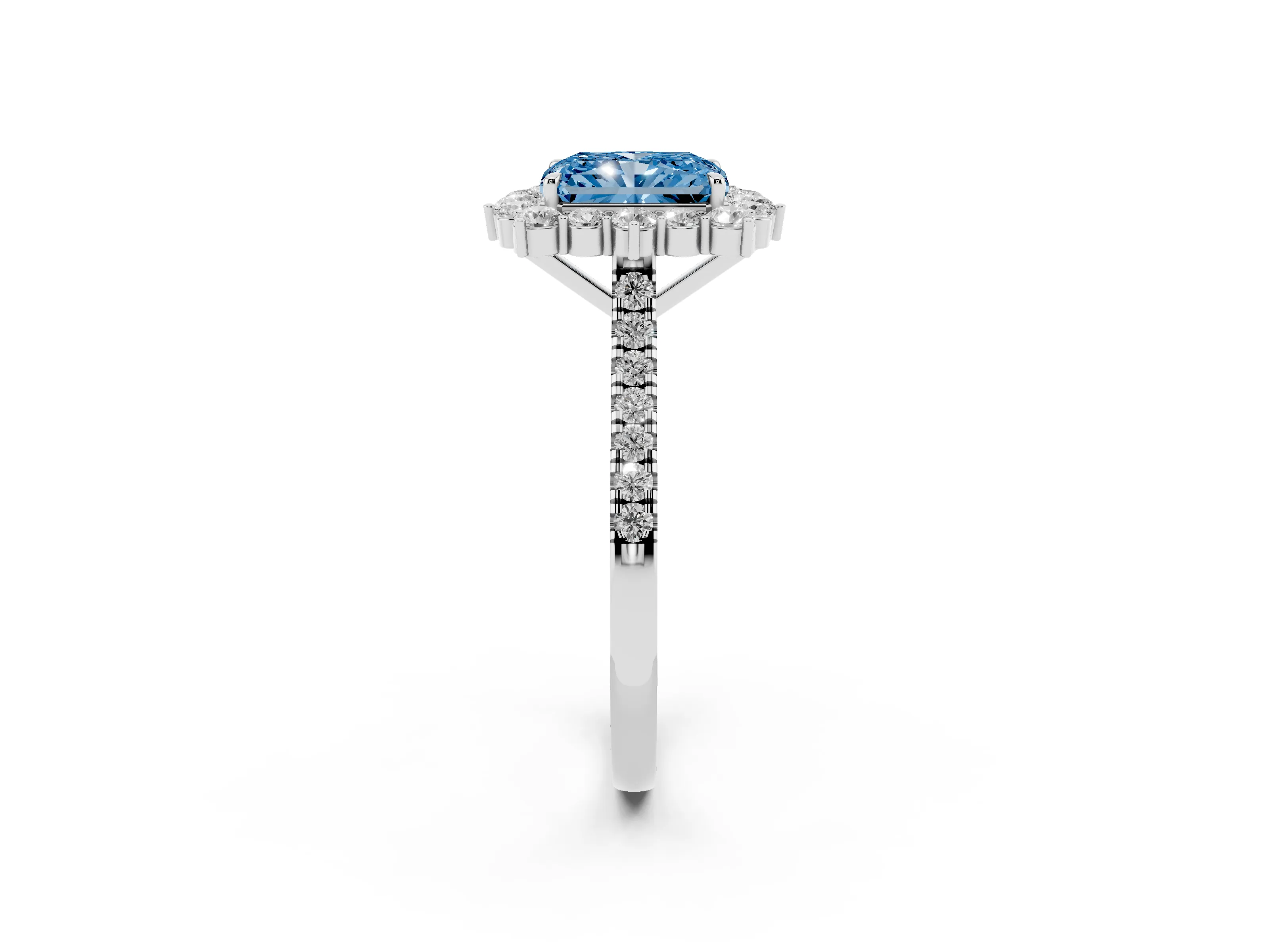 Fancy Blue Radiant Cut Diamond Halo Ring Set in Platinum with Pavé Band and Prong Setting