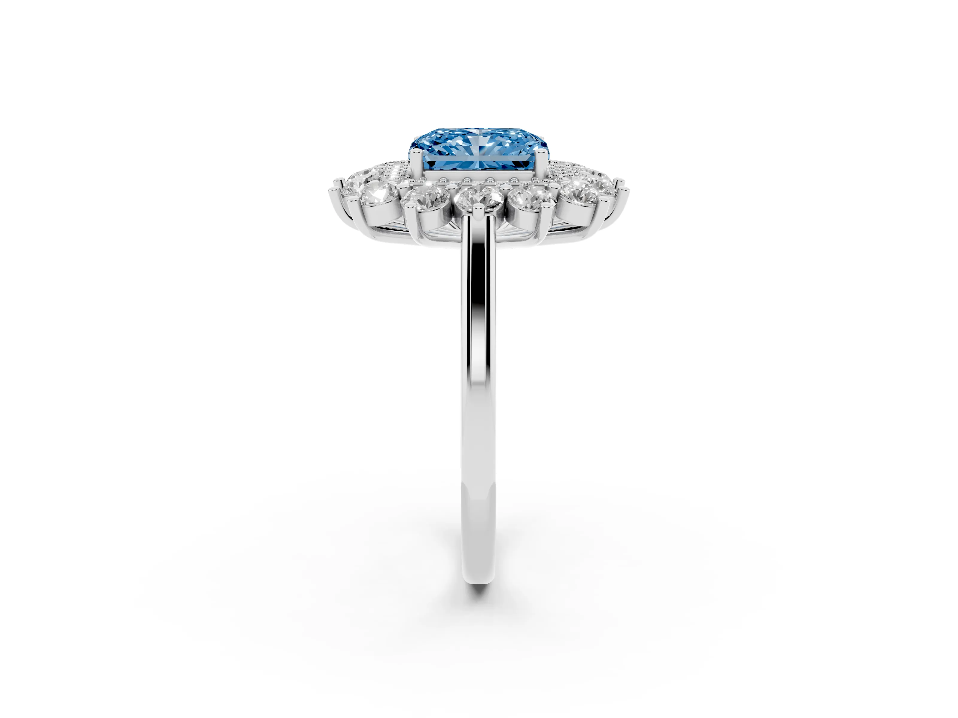 Fancy Blue Radiant Cut Diamond Floral Double Halo Ring Set in Platinum with Round Petals