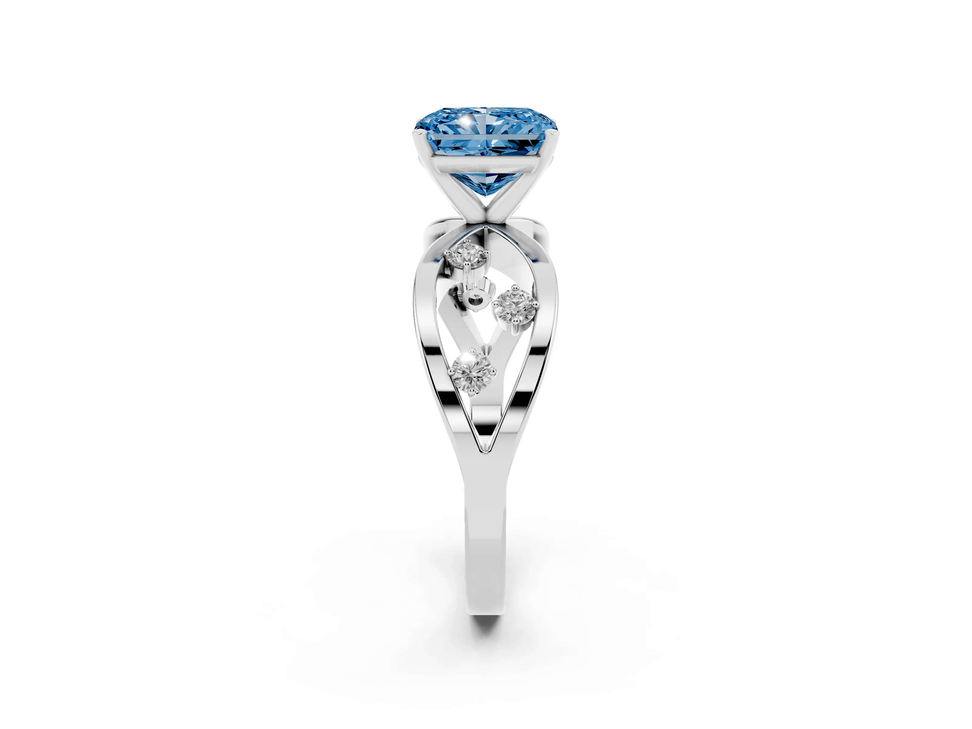 Fancy Blue Radiant Cut Diamond Solitaire Ring Set in Platinum with Side Stones on Criss-Cross Band and Prong Setting