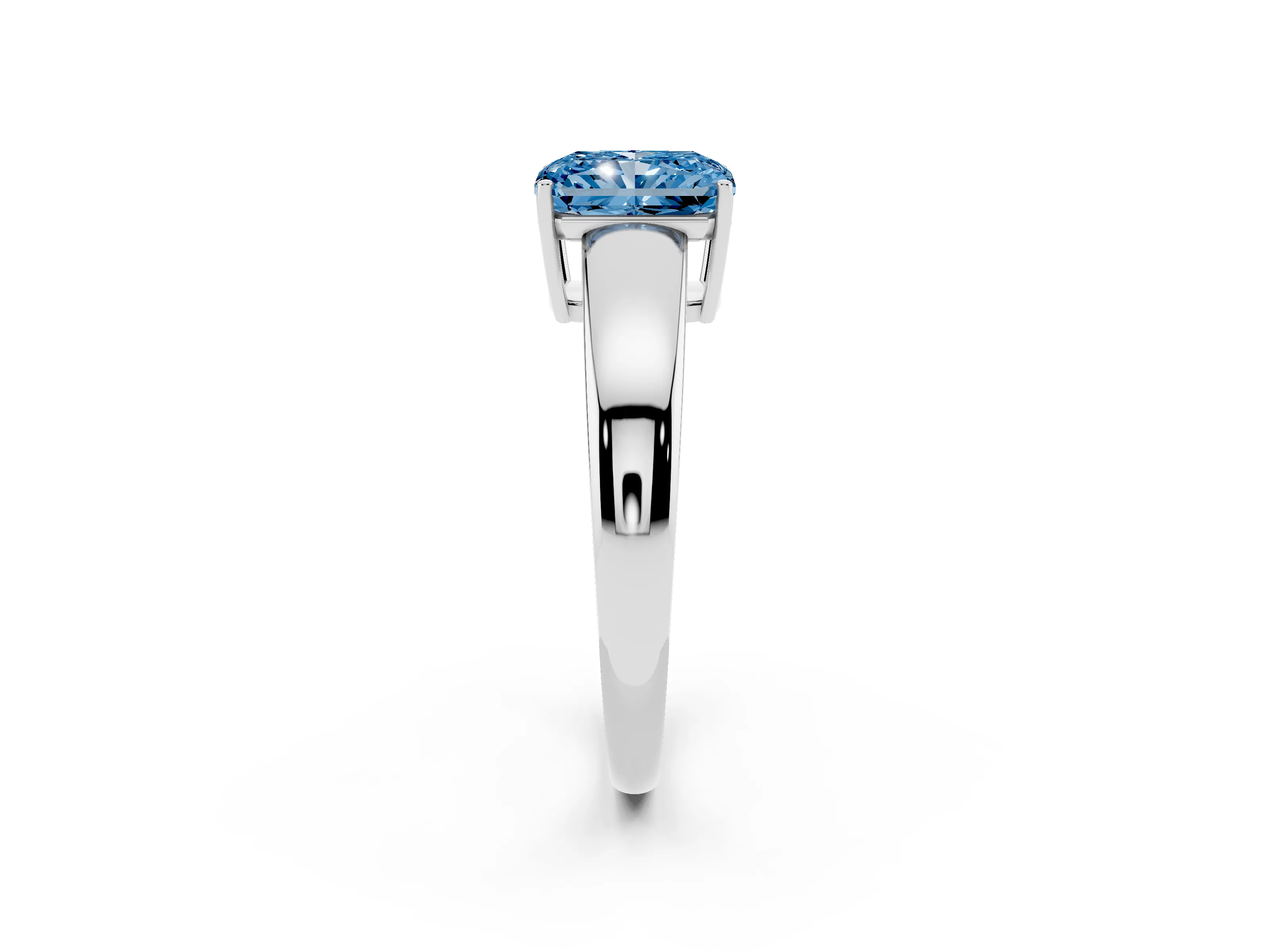 Fancy Blue Radiant Cut Diamond Solitaire Ring Set in White gold with Tapered Band and Prong Setting