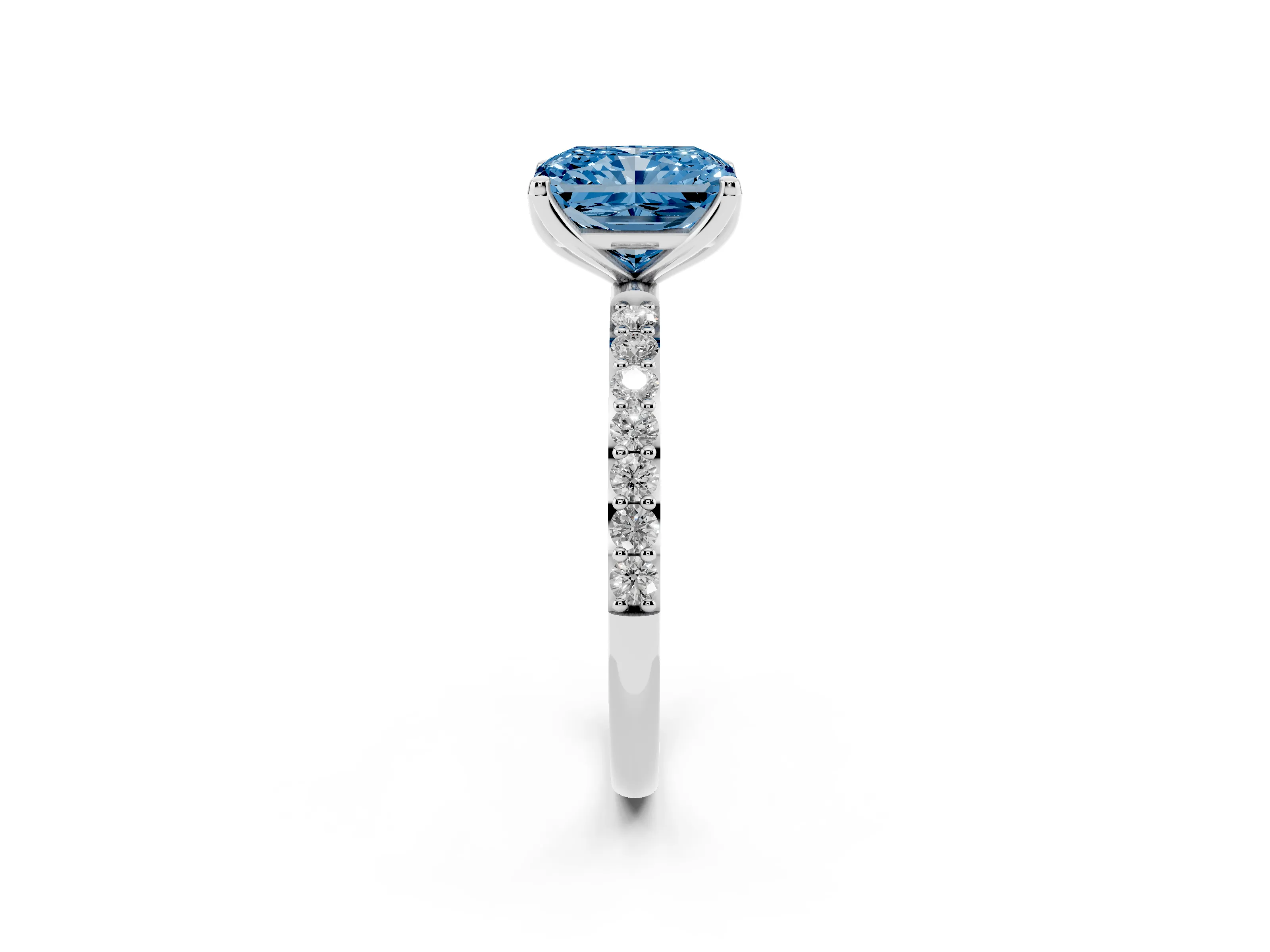 Fancy Blue Radiant Cut Diamond Solitaire Engagement Ring Set in White gold with Round Pavé Band and Prong Setting