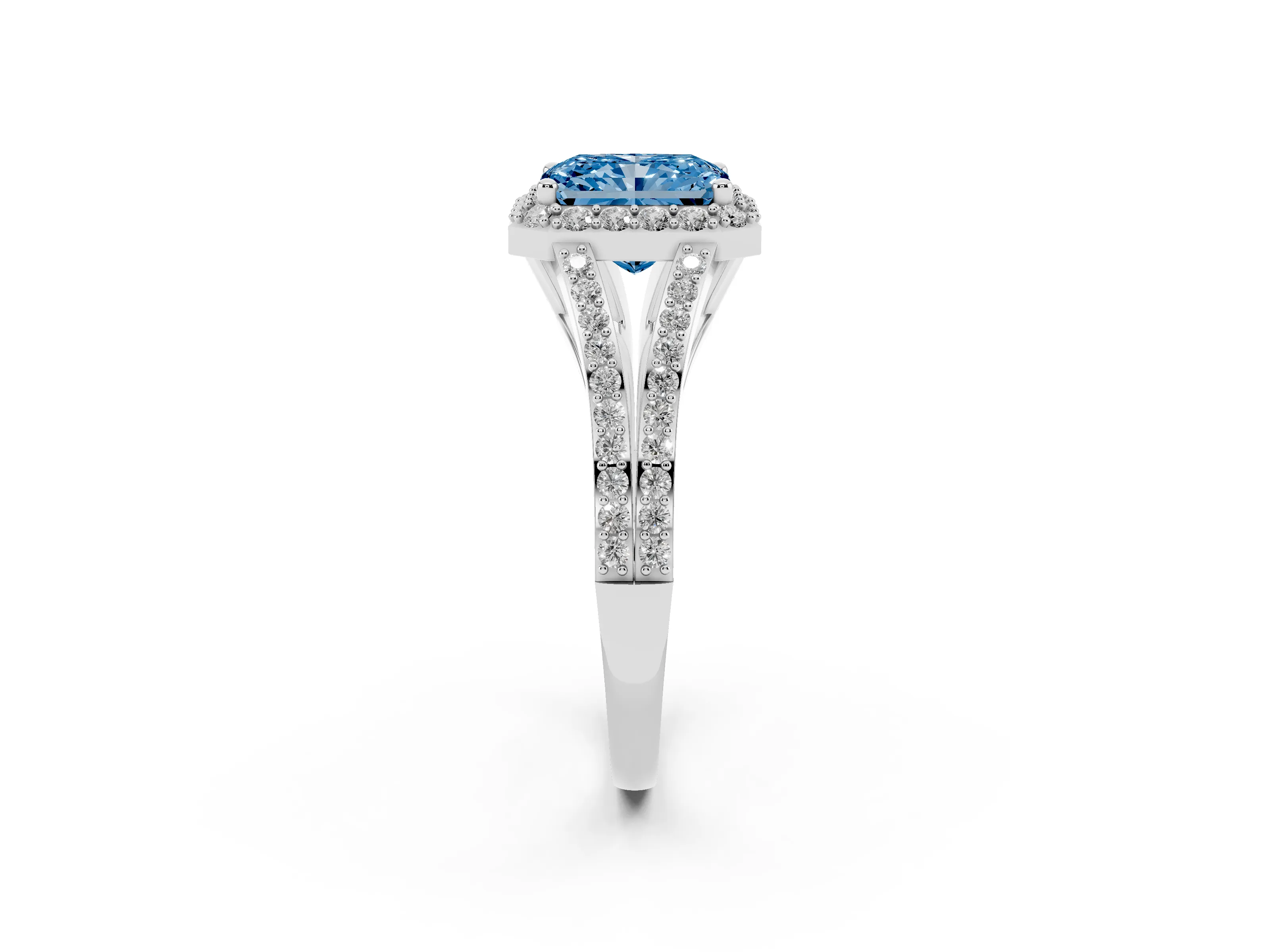 Fancy Blue Radiant Cut Diamond Halo Split Shank Pavé Ring Set in Silver with Prong Setting