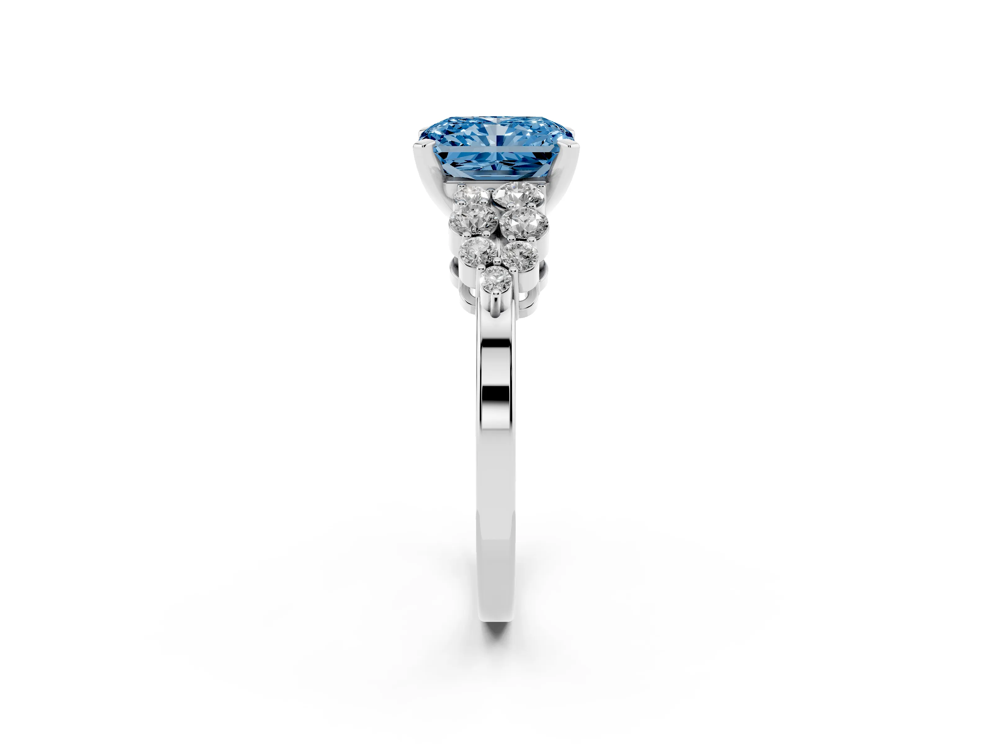 Fancy Blue Radiant Cut Diamond Cluster Engagement Ring Set in Silver with Pavé Band and Prong Setting