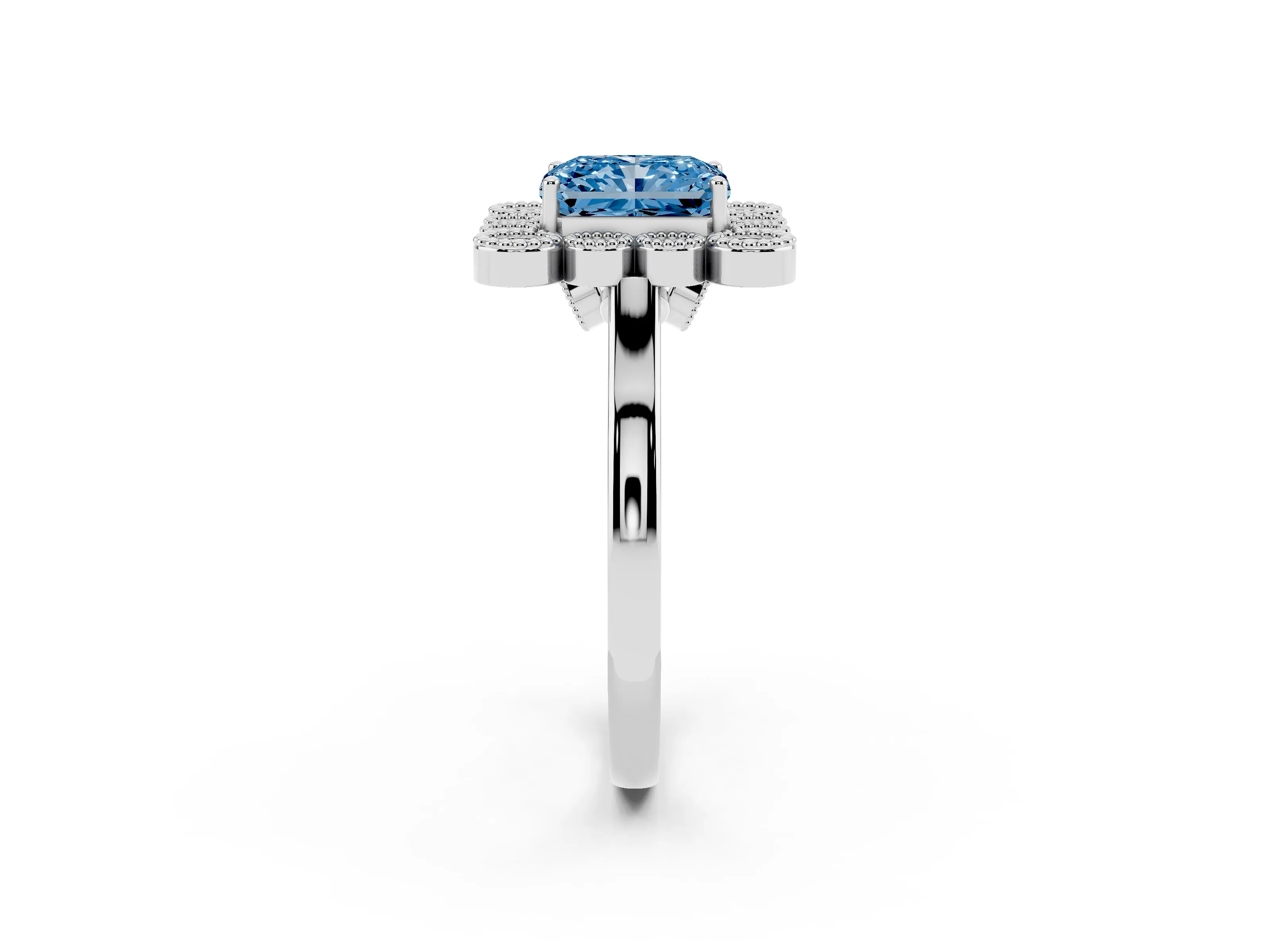 Fancy Blue Radiant Cut Diamond Cluster Halo Ring Set in White gold with Milgrain Bezel Accents and Plain Band