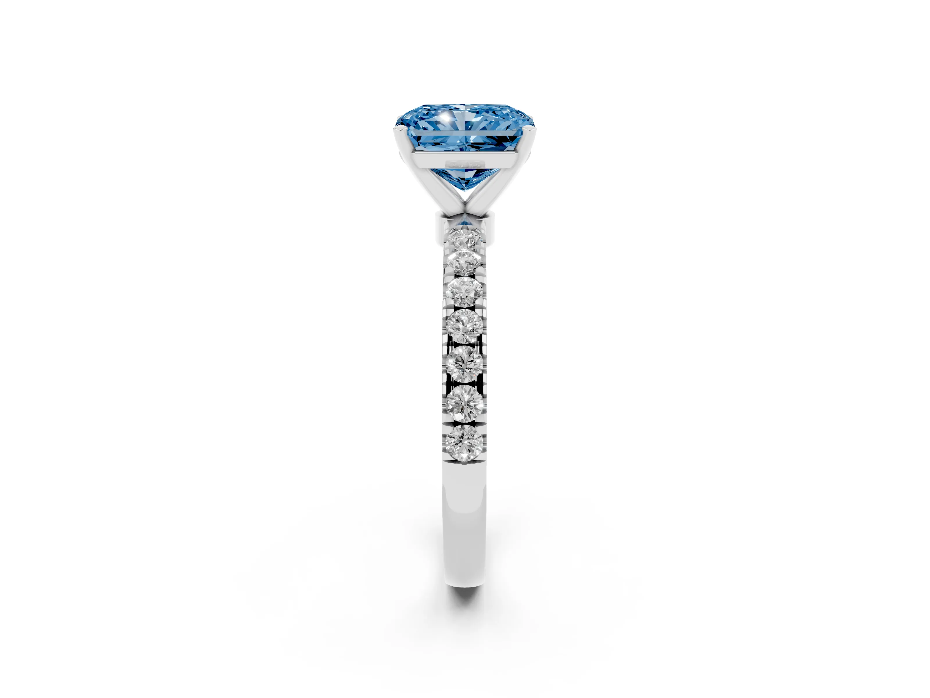 Fancy Blue Radiant Cut Diamond Solitaire Ring Set in Silver with Pavé Accents and Prong Setting