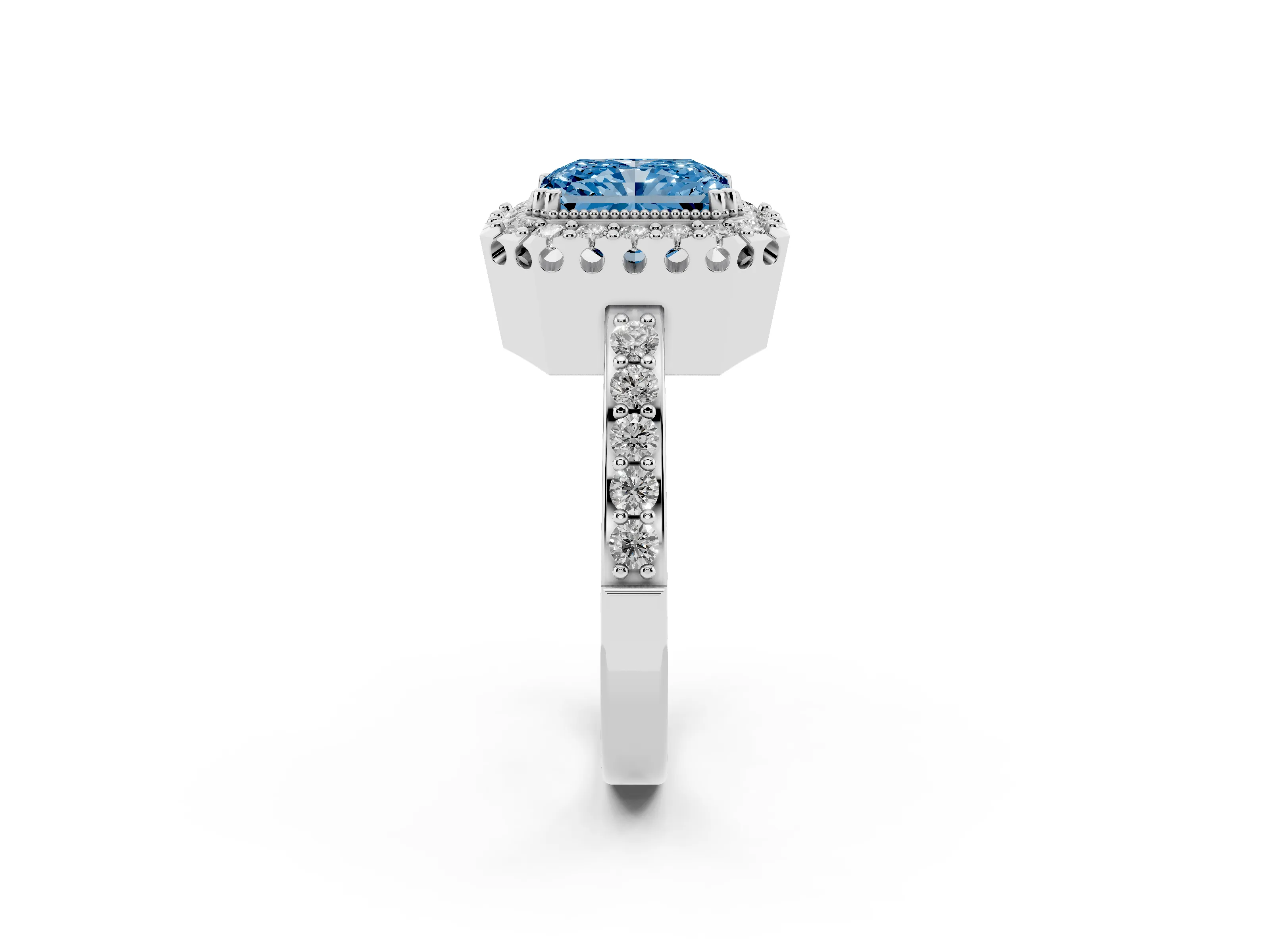 Fancy Blue Radiant Cut Diamond Halo Ring Set in White gold with Pavé Shank and Prong Setting