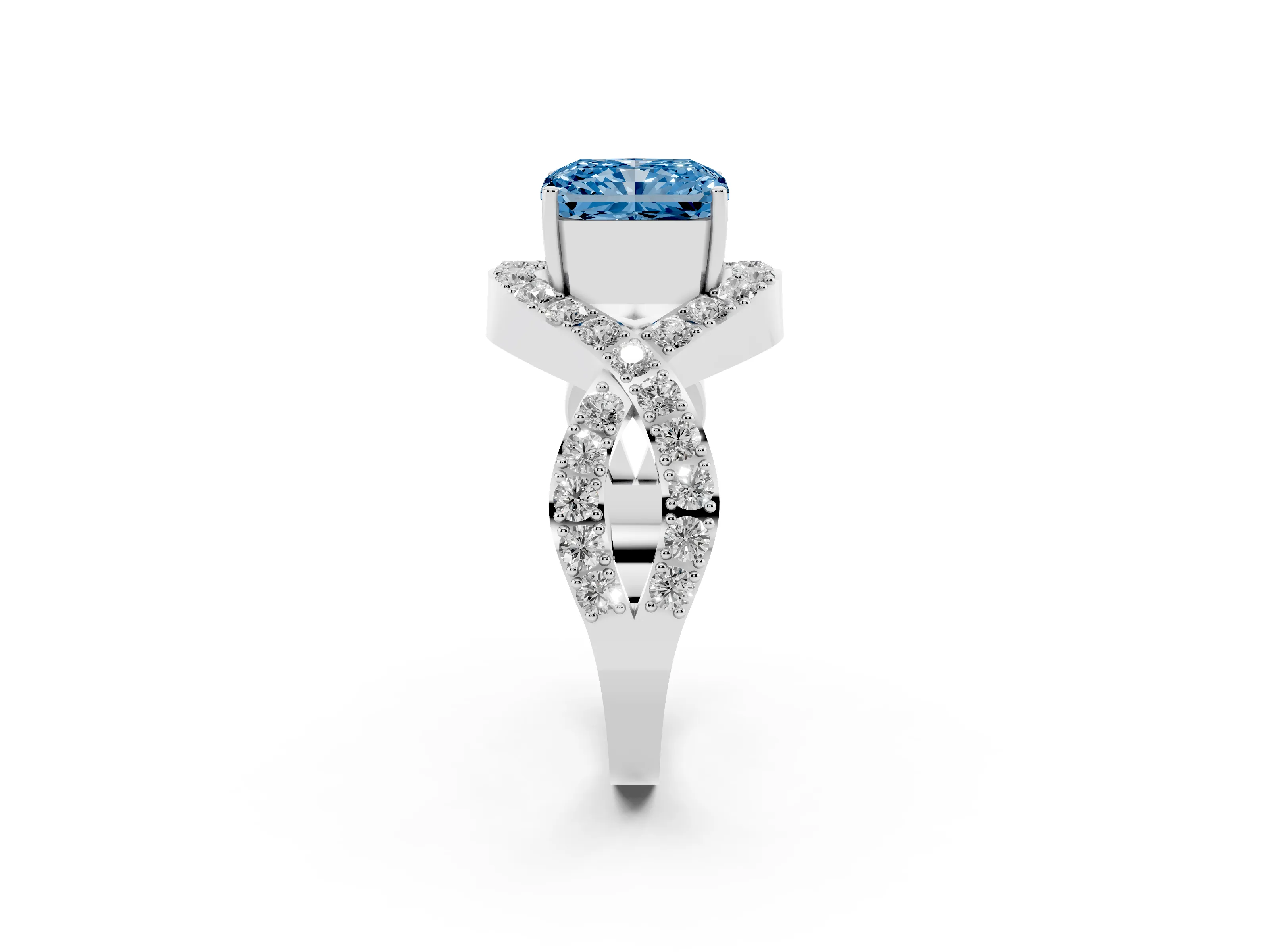 Fancy Blue Radiant Cut Diamond Solitaire Twist Band Pavé Engagement Ring Set in Platinum