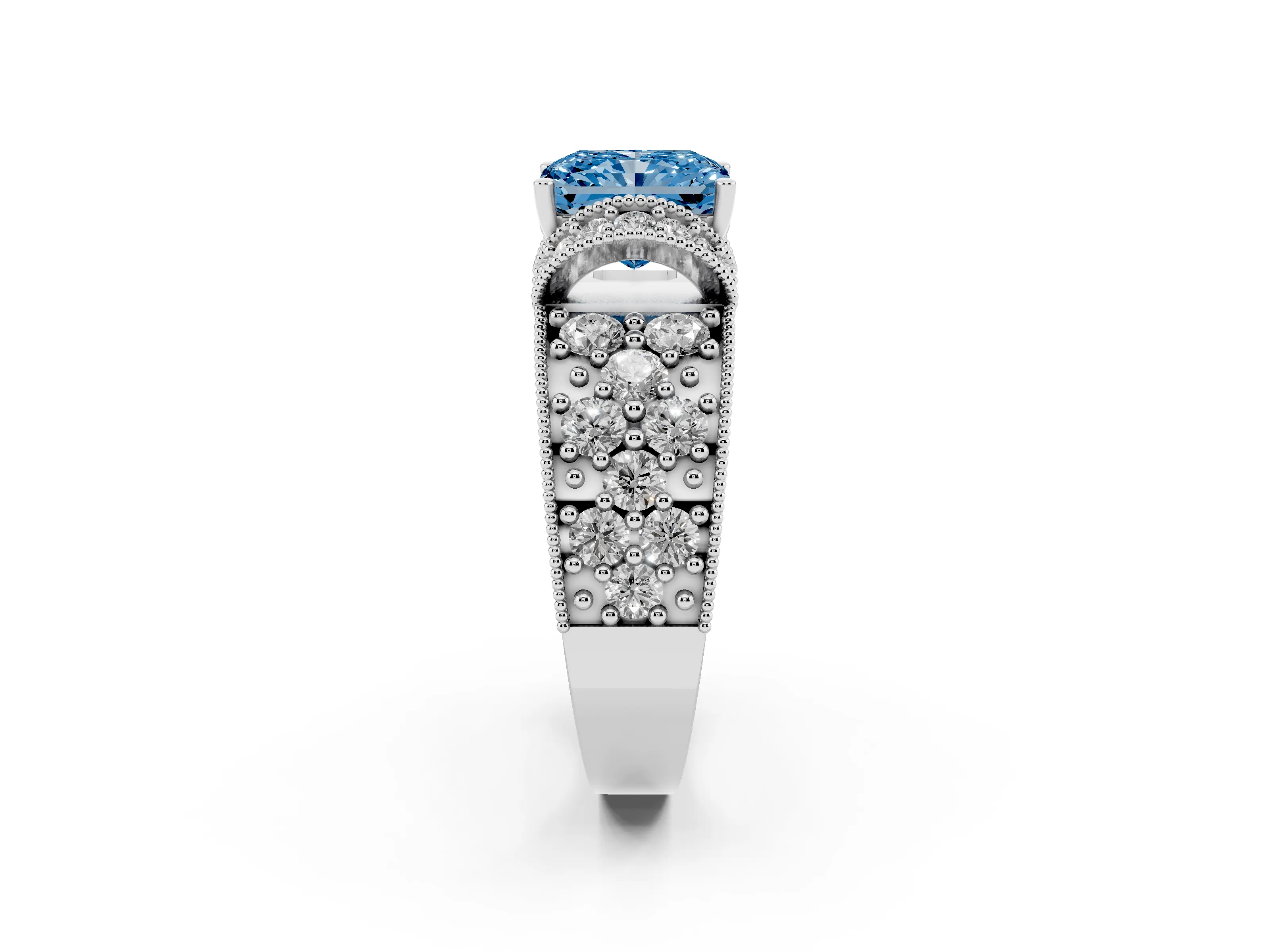 Fancy Blue Radiant Cut Diamond Milgrain Halo Pavé Engagement Ring Set in Platinum with Prong Setting