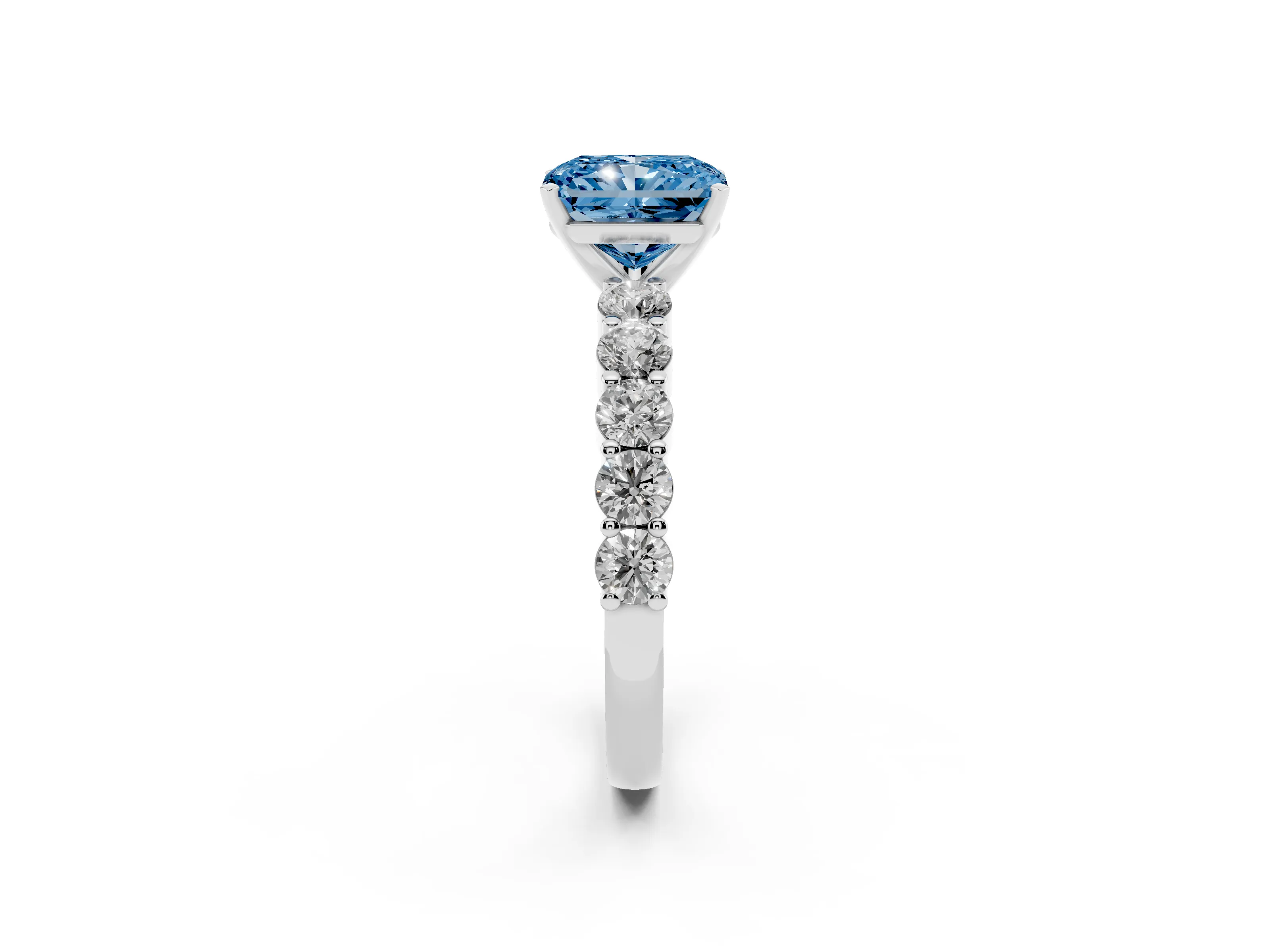 Fancy Blue Radiant Cut Diamond Solitaire Ring Set in Silver with Shared Prong Round Side Stones