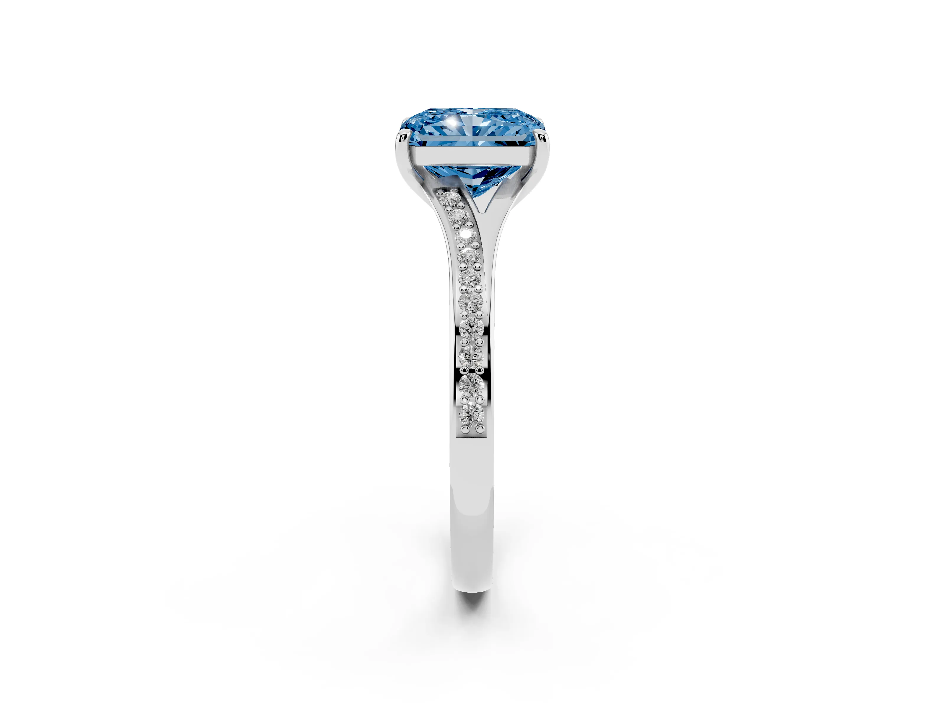 Fancy Blue Radiant Cut Diamond Solitaire Ring Set in Platinum with Pavé Accent Band and Classic Prong Setting
