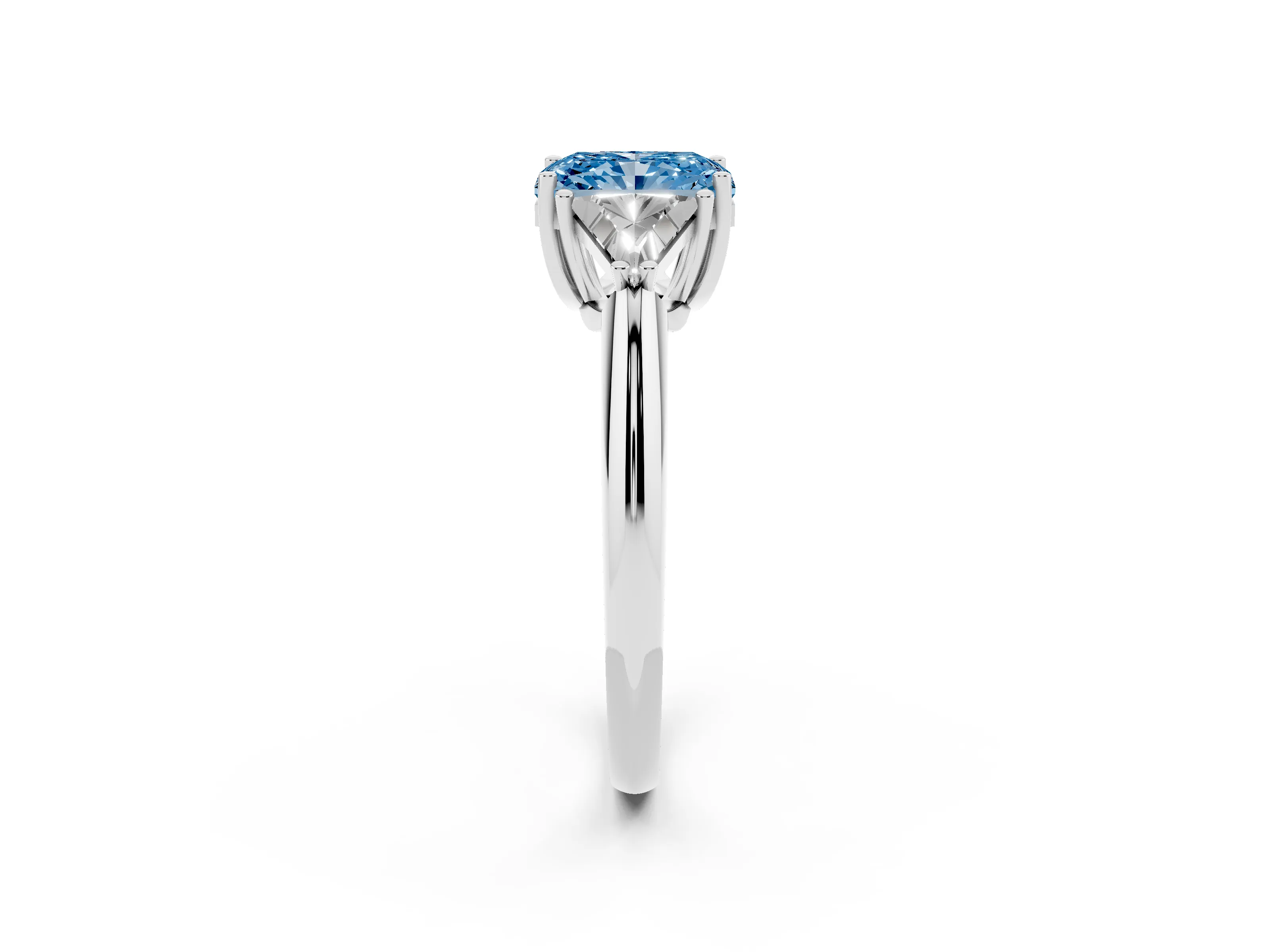 Fancy Blue Radiant Cut Diamond Three-Stone Engagement Ring Set in Silver with Trillion Side Stones