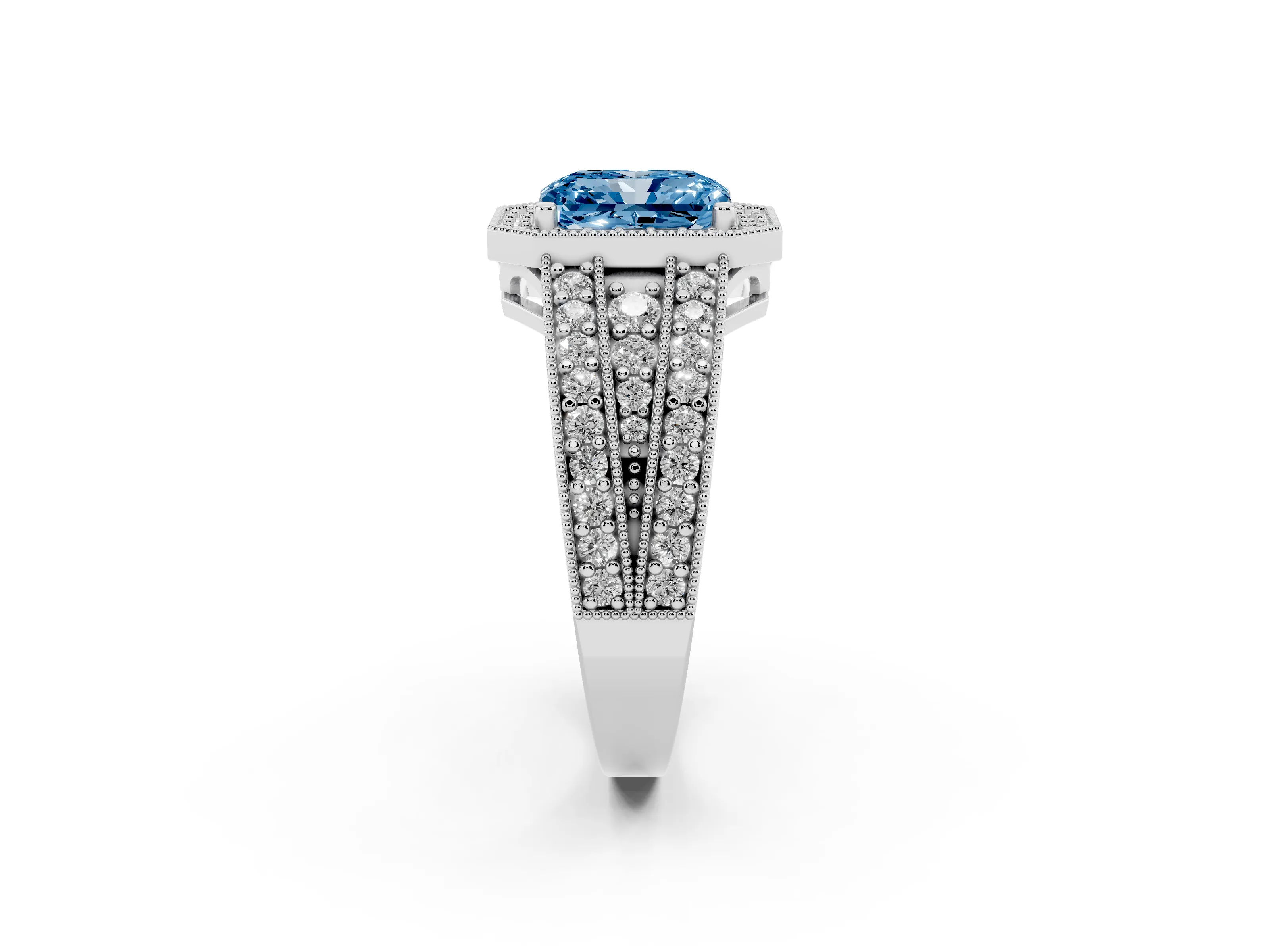 Fancy Blue Radiant Cut Diamond Halo Ring Set in Silver with Accent Split Shank and Prong Setting