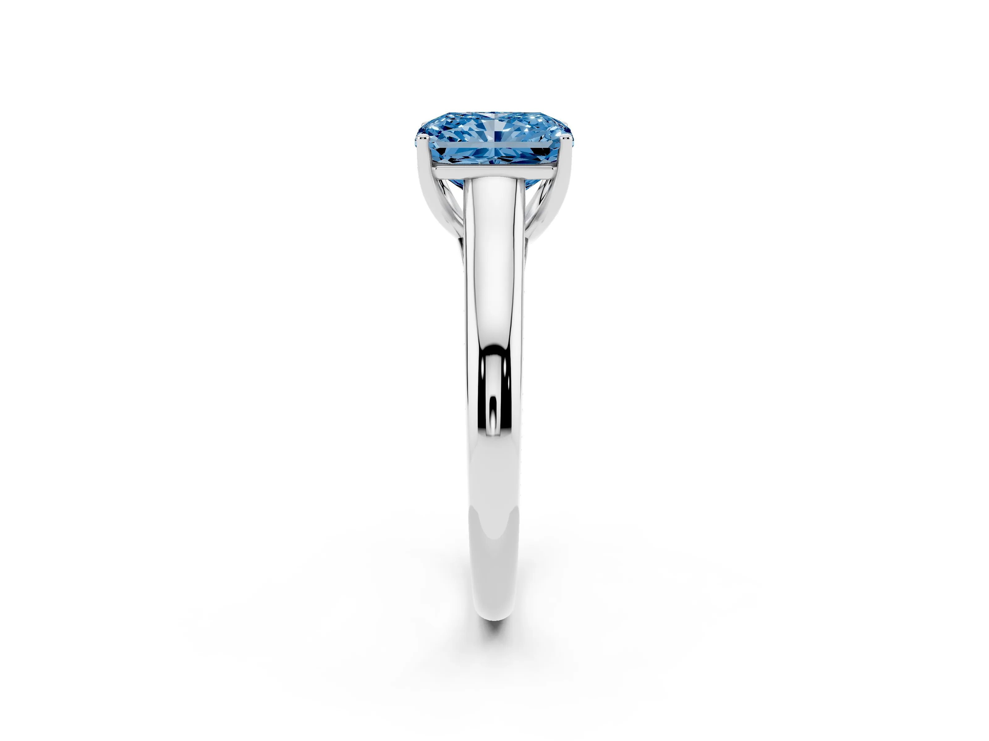 Fancy Blue Radiant Cut Diamond Solitaire Engagement Ring Set in Silver with Subtly Tapered Band and Prong Setting