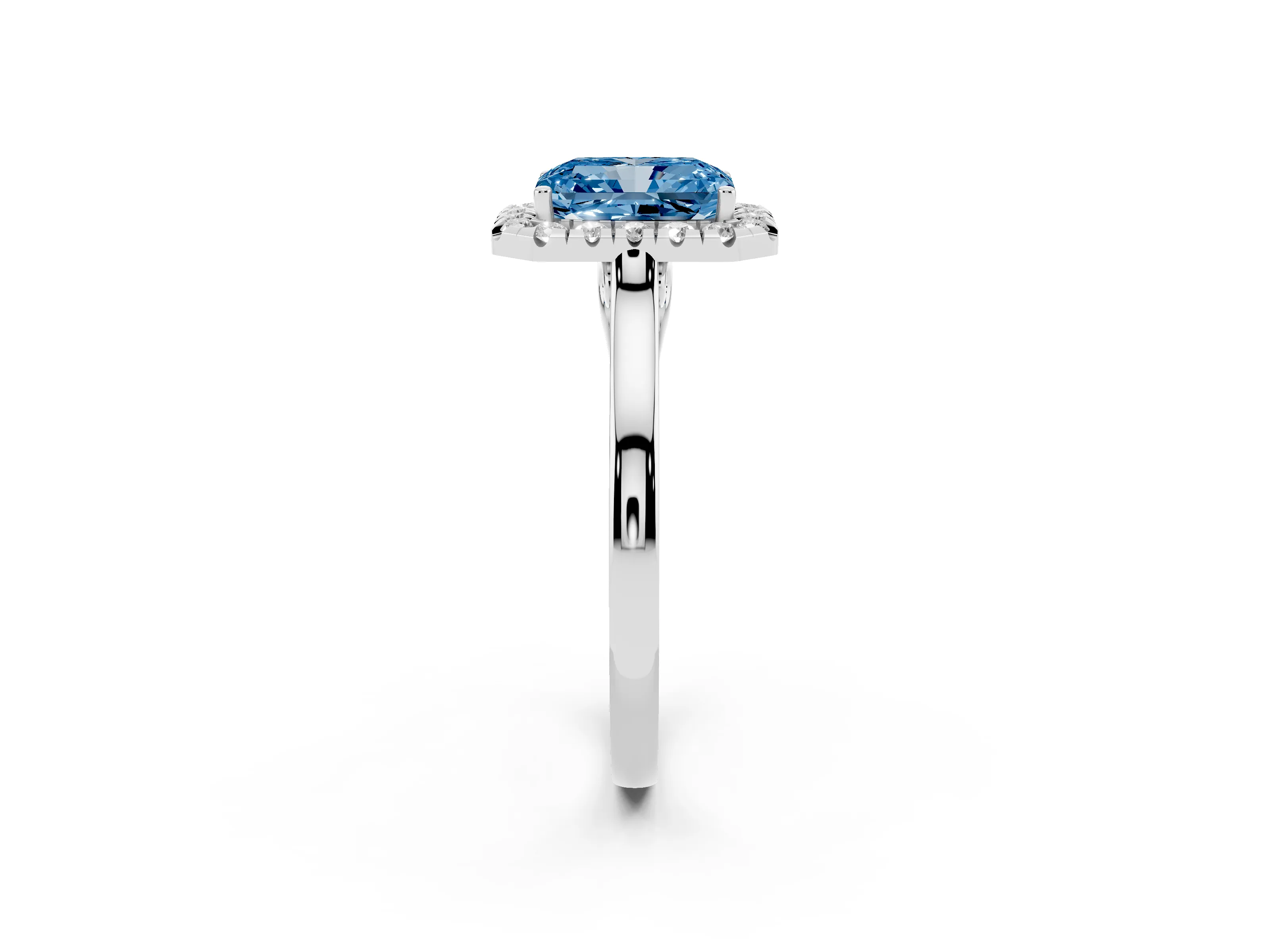 Fancy Blue Radiant Cut Halo Round Diamond Solitaire Ring Set in Silver with Pavé Band and Prong Setting