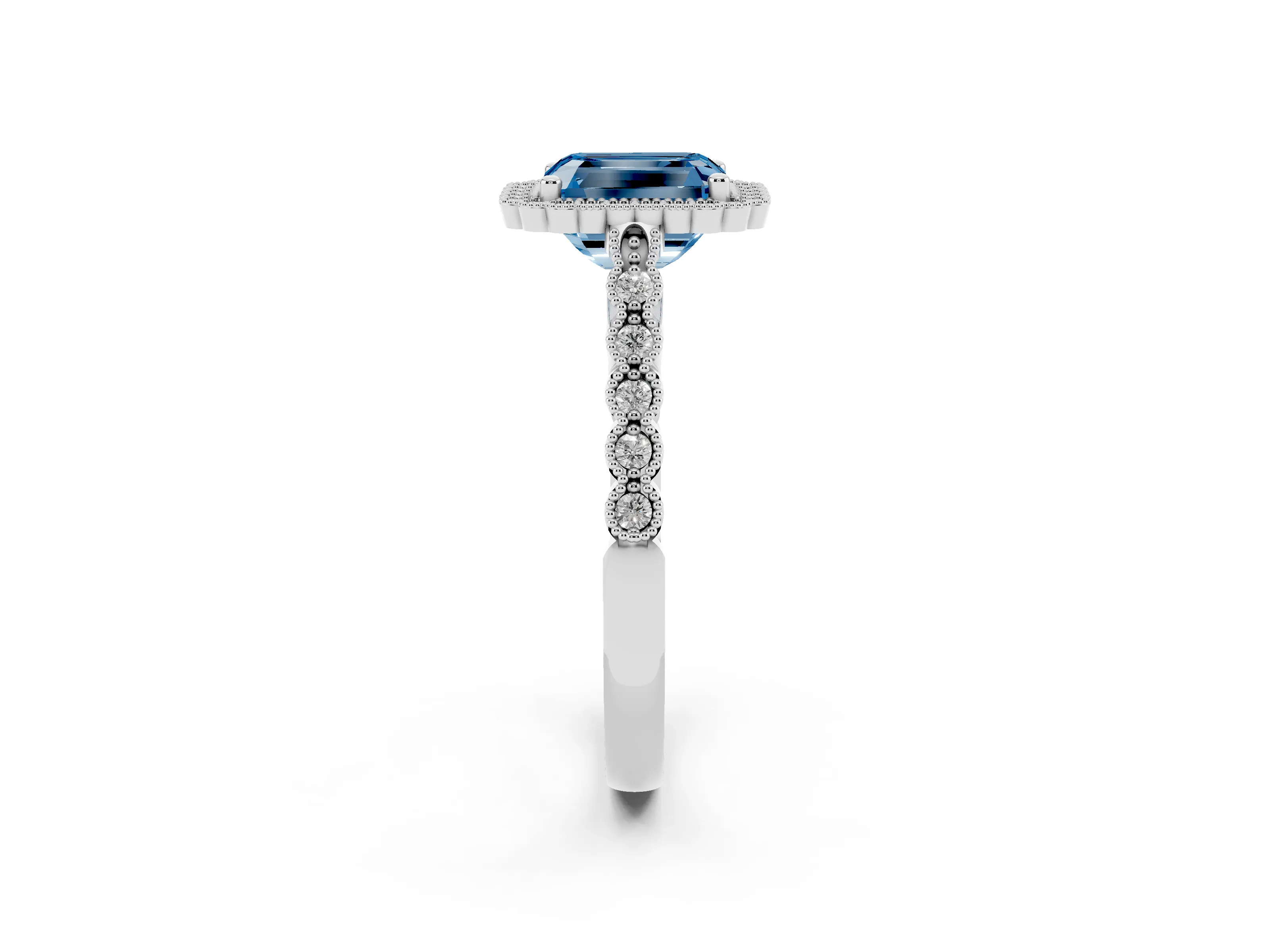 Fancy Blue Radiant Cut Diamond Halo Ring Set in Silver with Pavé Milgrain Band