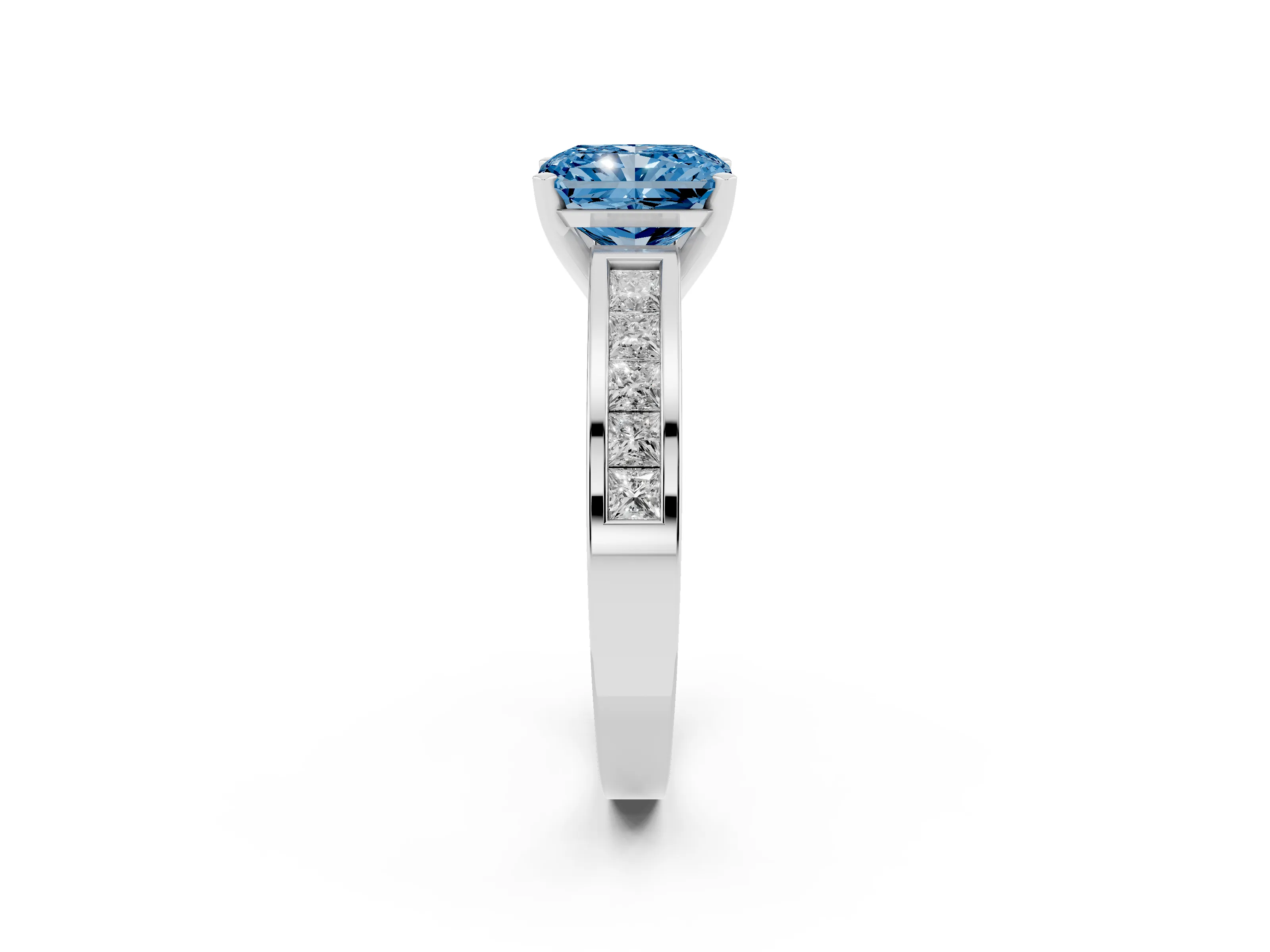 Fancy Blue Radiant Cut Diamond Solitaire Ring Set in Silver with Channel-Set Band and Prong Setting