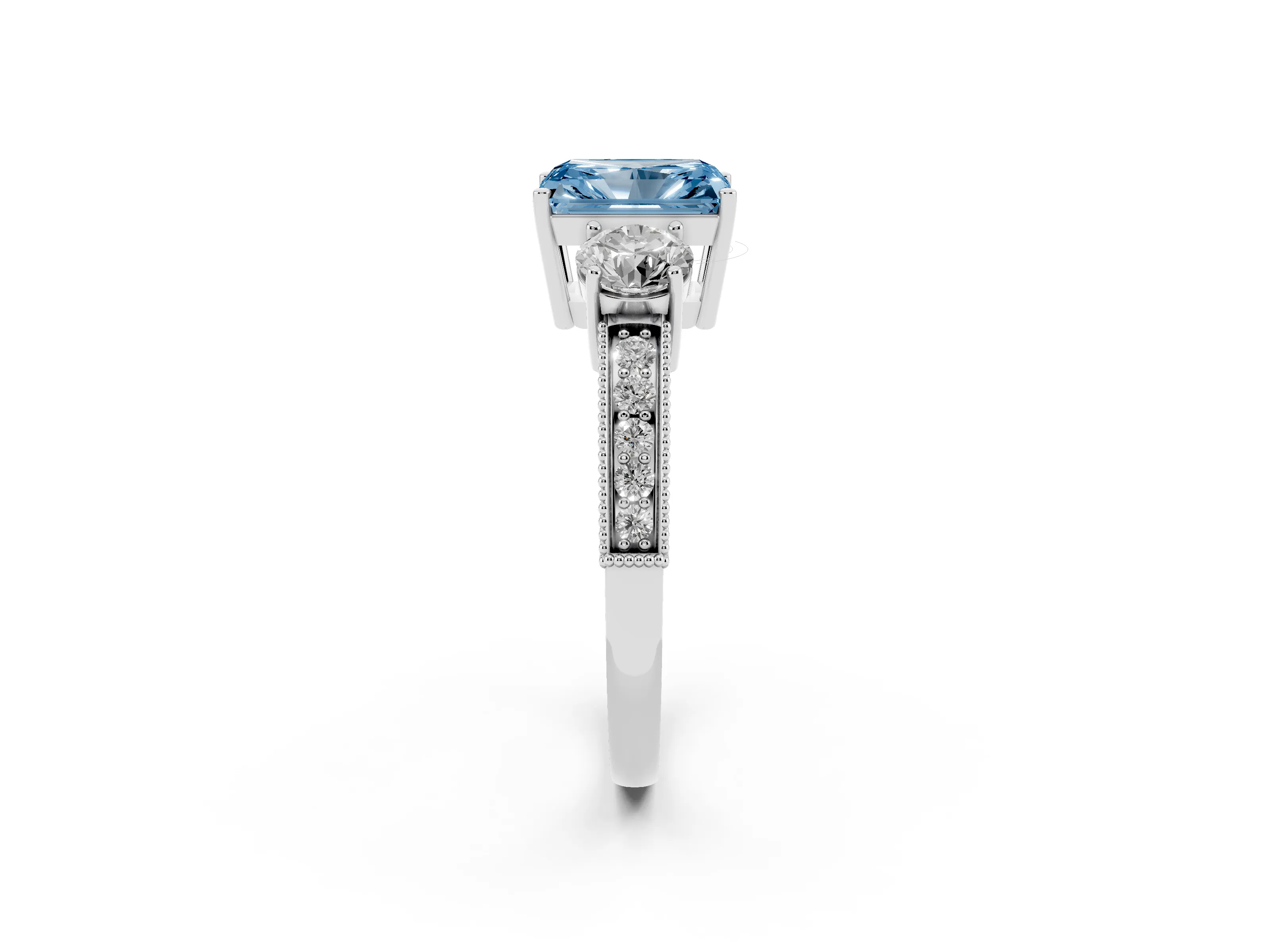 Fancy Blue Radiant Cut Diamond Three-Stone Ring Set in Platinum with Round Side Stones and Pavé Band