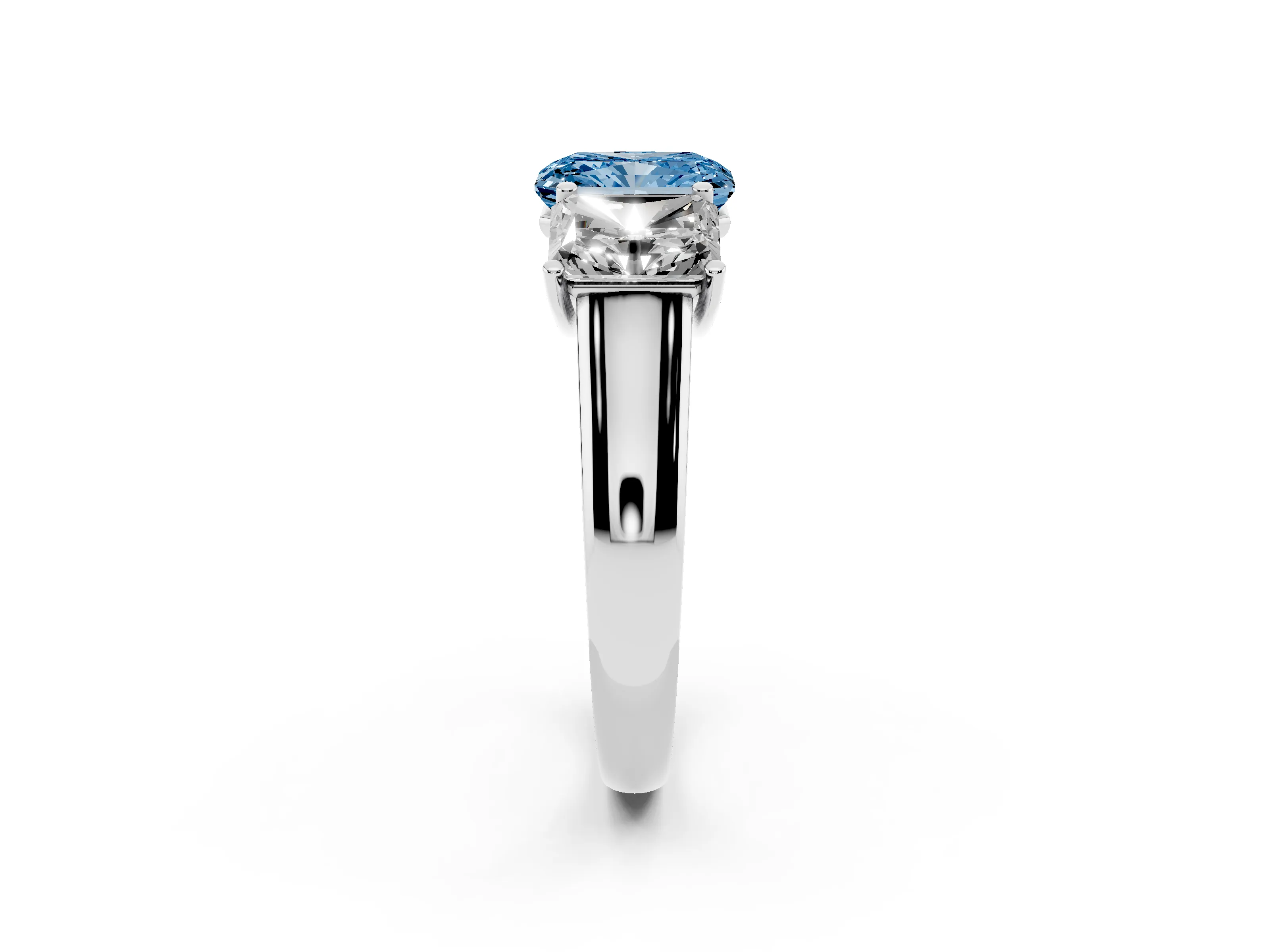 Fancy Blue Radiant Cut Diamond Three-Stone Ring Set in White gold with Plain Polished Band