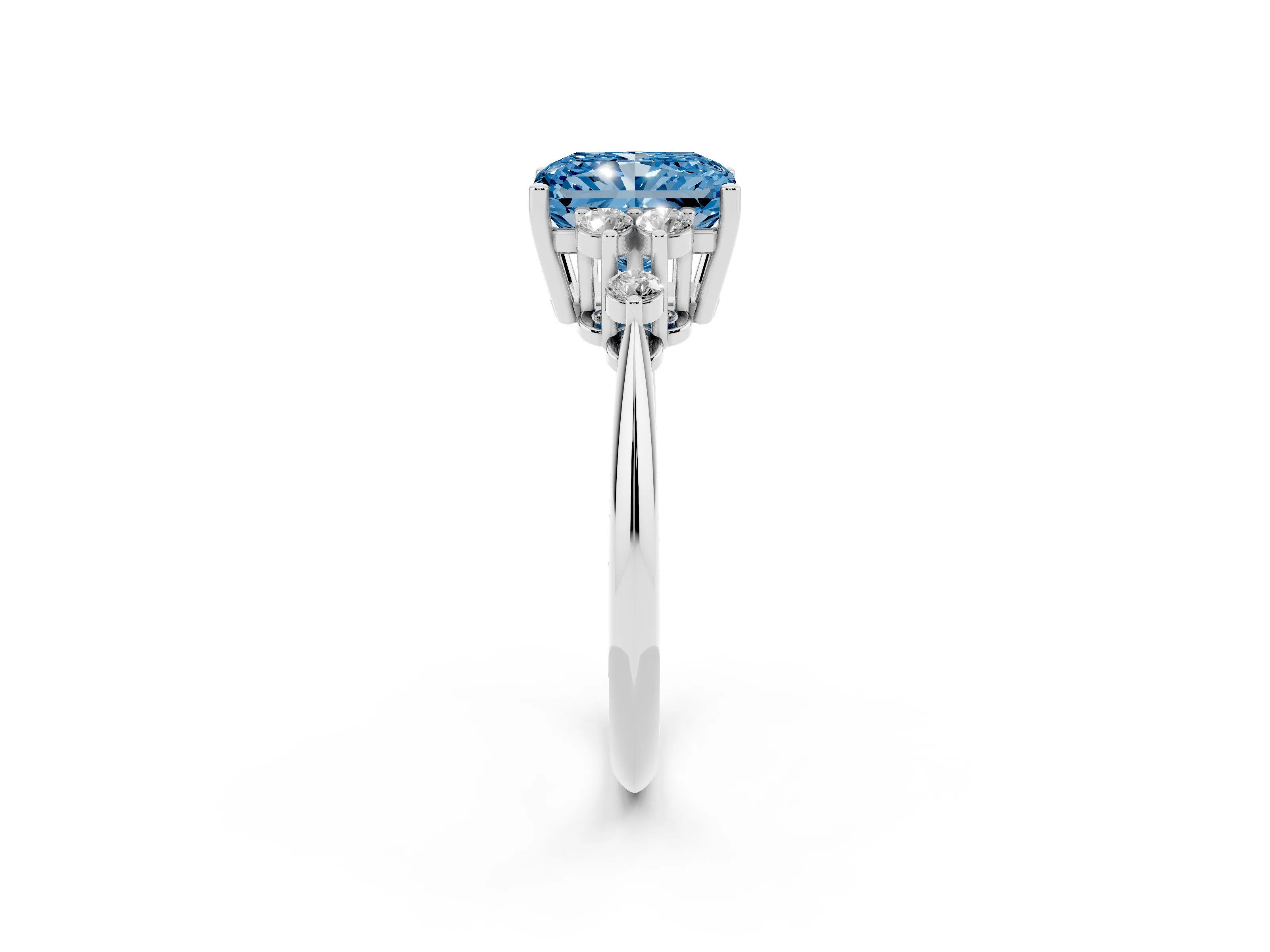 Fancy Blue Radiant Cut Diamond Cluster Ring Set in White gold with Plain Band and Prong Setting