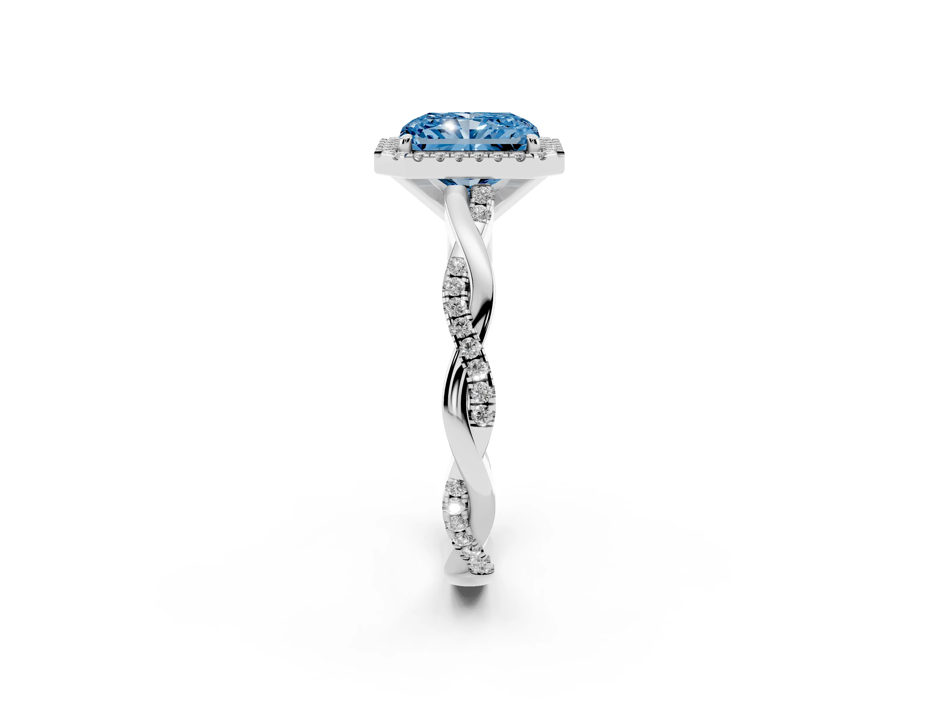 Fancy Blue Radiant Cut Diamond Halo Twisted Band Ring Set in Platinum with Prong Setting