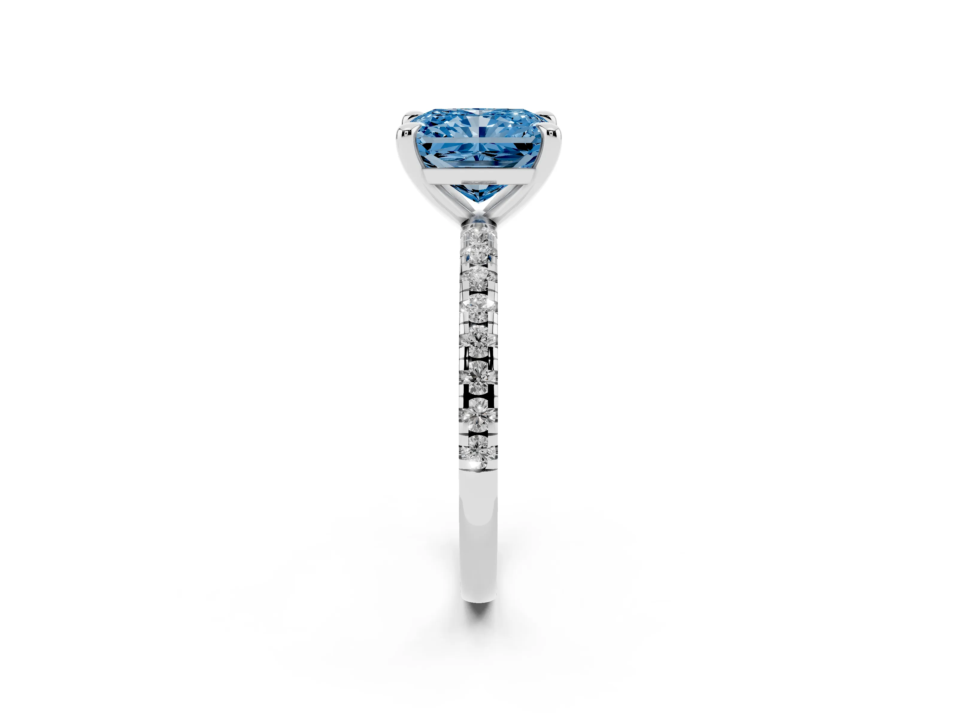 Fancy Blue Radiant Cut Diamond Brilliant Solitaire Ring Set in Platinum with Pavé Band and Prong Setting