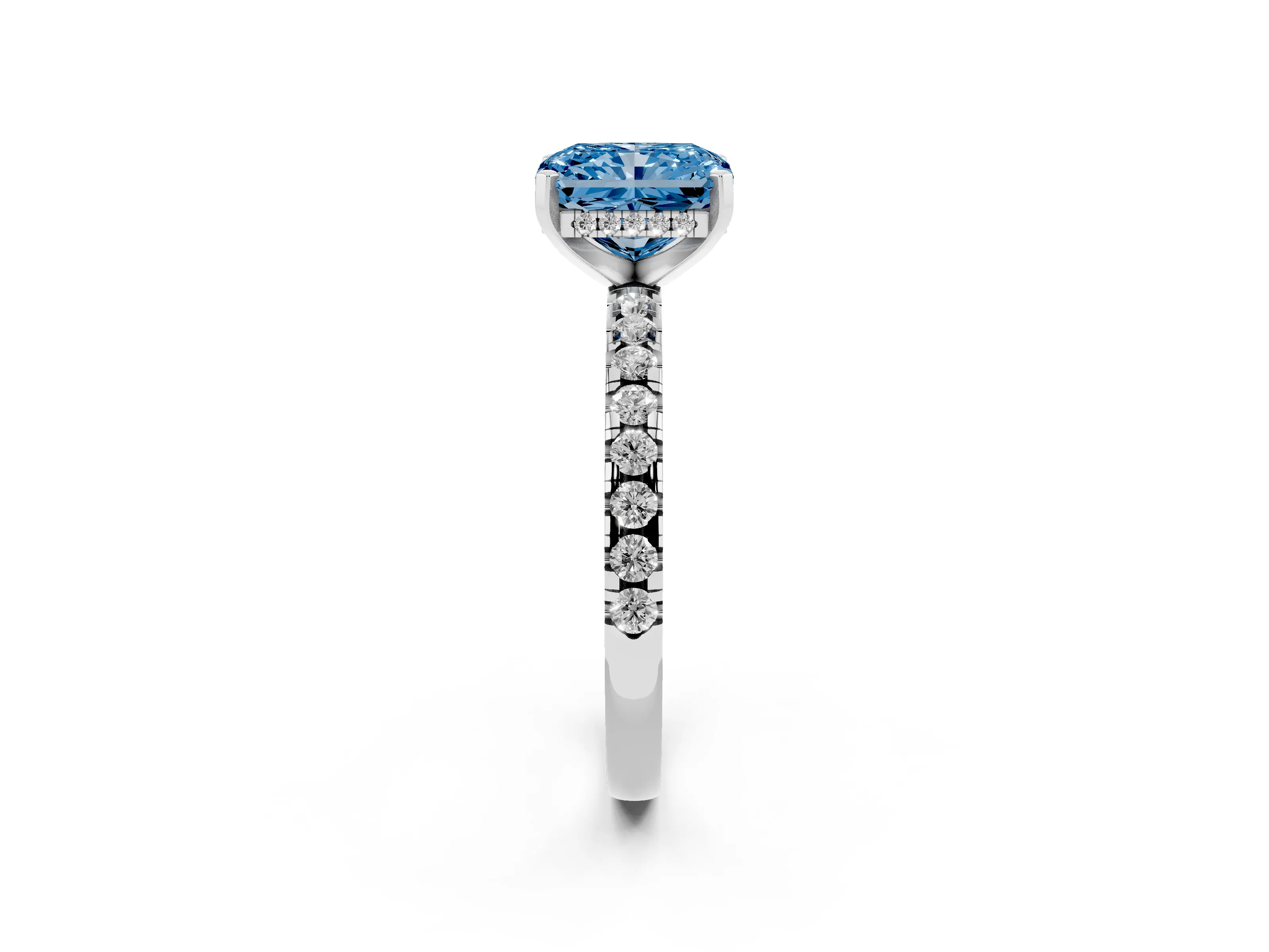 Fancy Blue Radiant Cut Diamond Pavé Solitaire Ring Set in Silver with Round Band Accents and Prong Setting