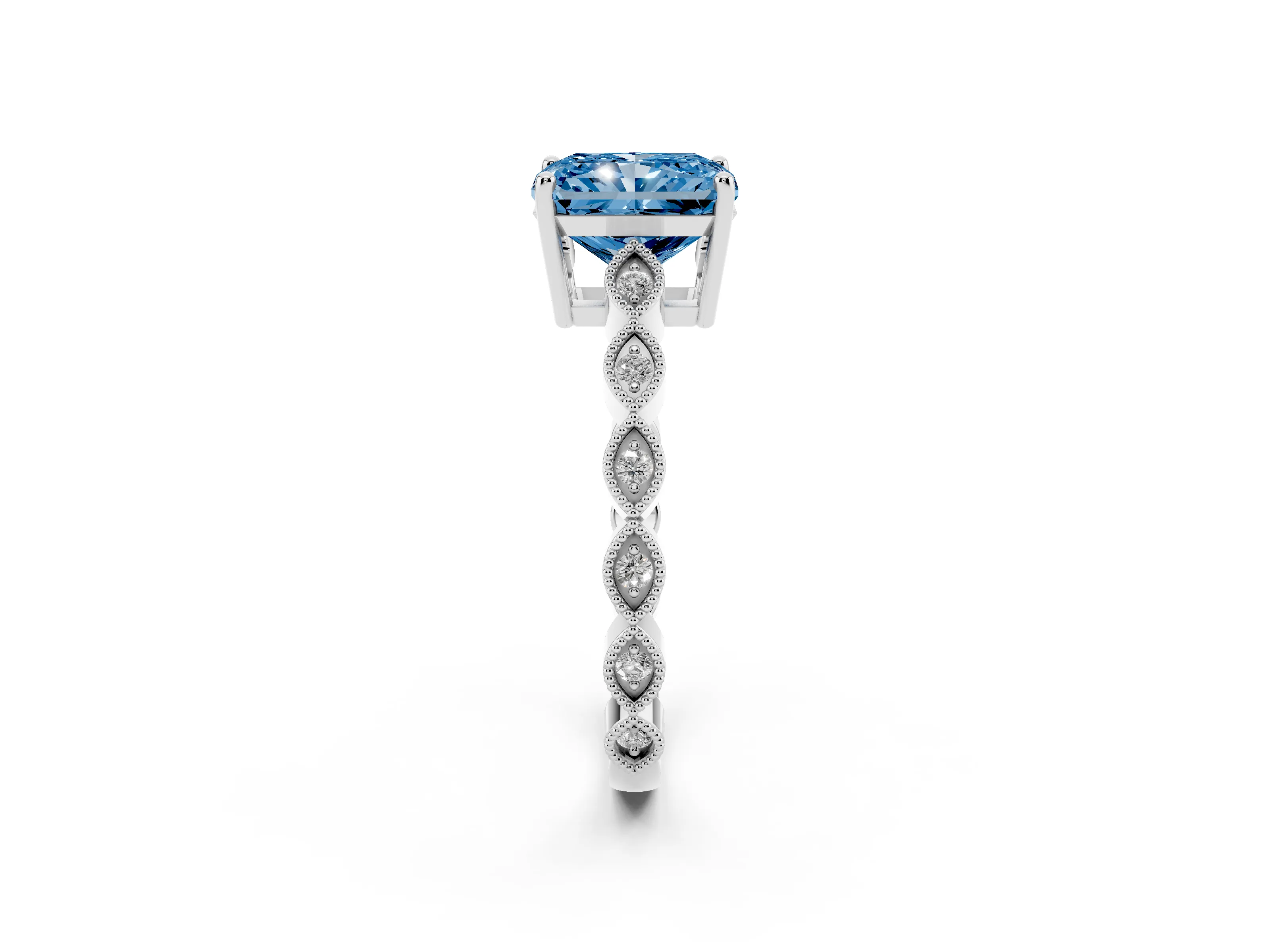 Fancy Blue Radiant Cut Diamond Solitaire Ring Set in Platinum with Infinity Twist Pavé Band