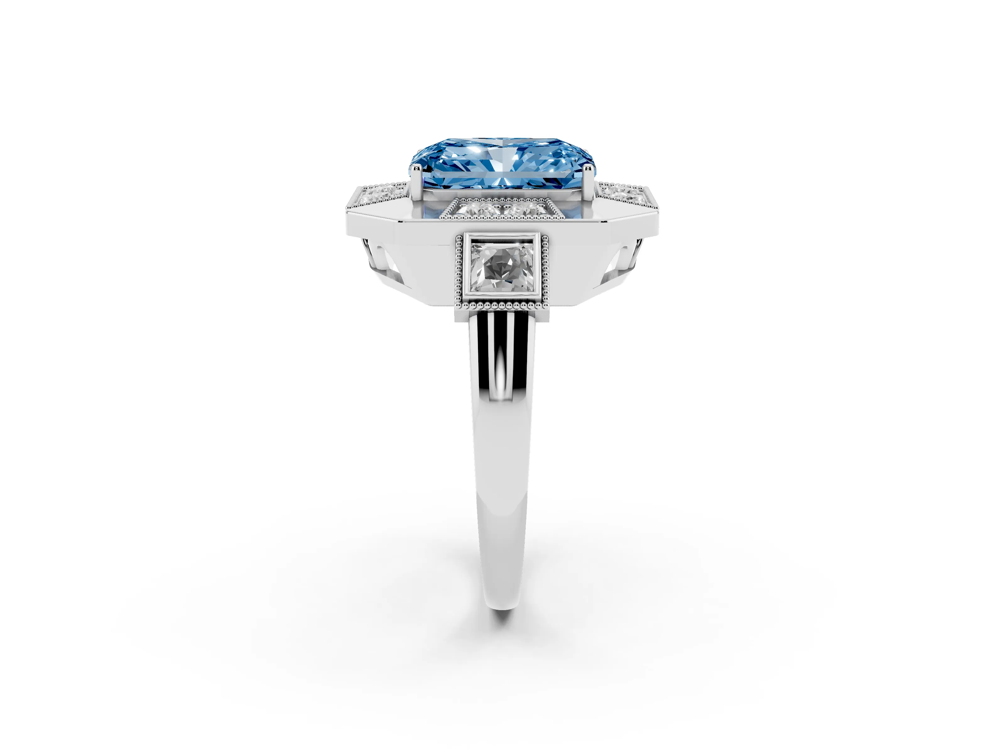 Fancy Blue Radiant Cut Diamond Milgrain Halo Ring Set in Platinum with Split Shank