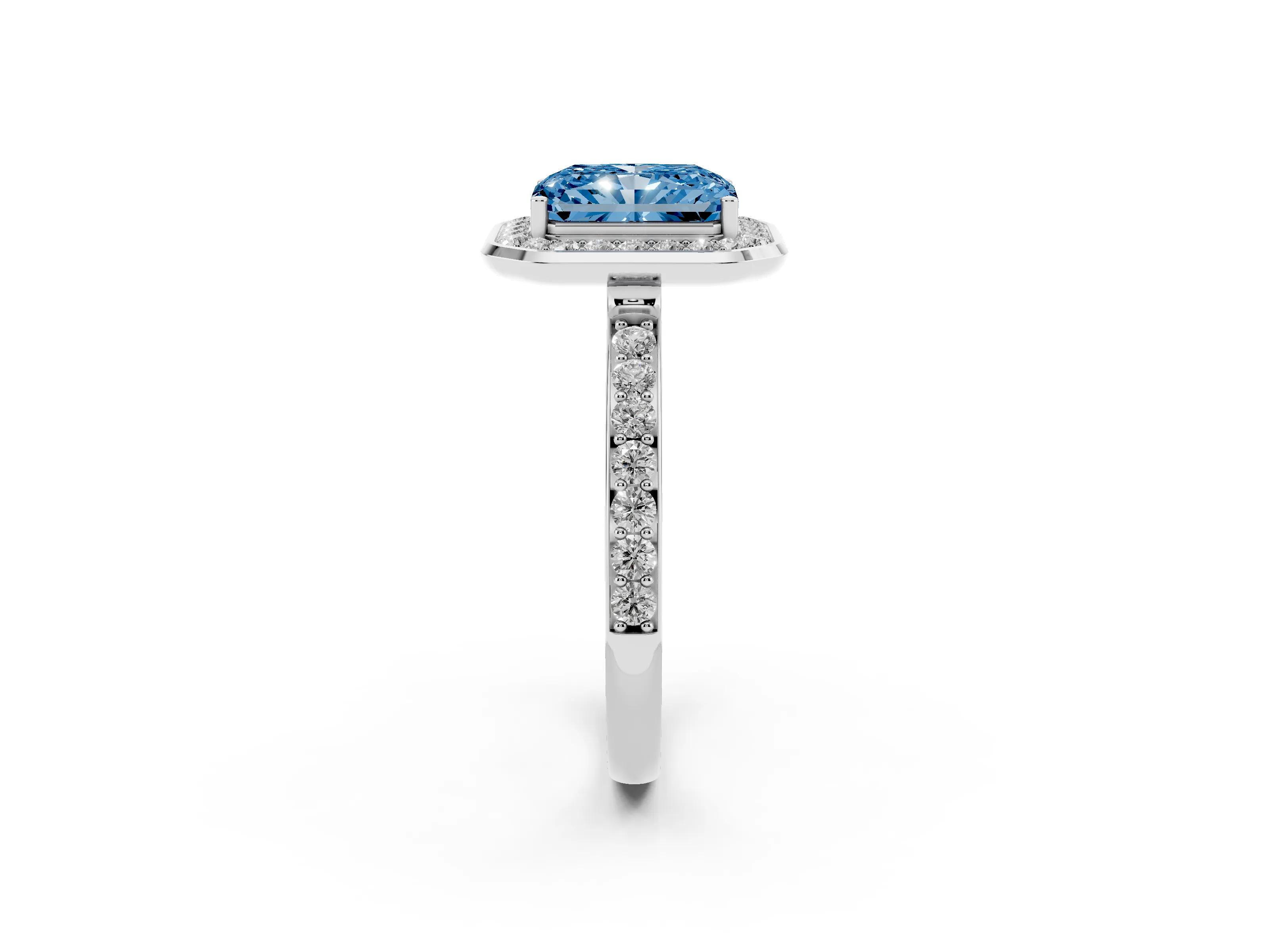 Fancy Blue Radiant Cut Diamond Halo Ring Set in Platinum with Bezel Frame and Pavé Band
