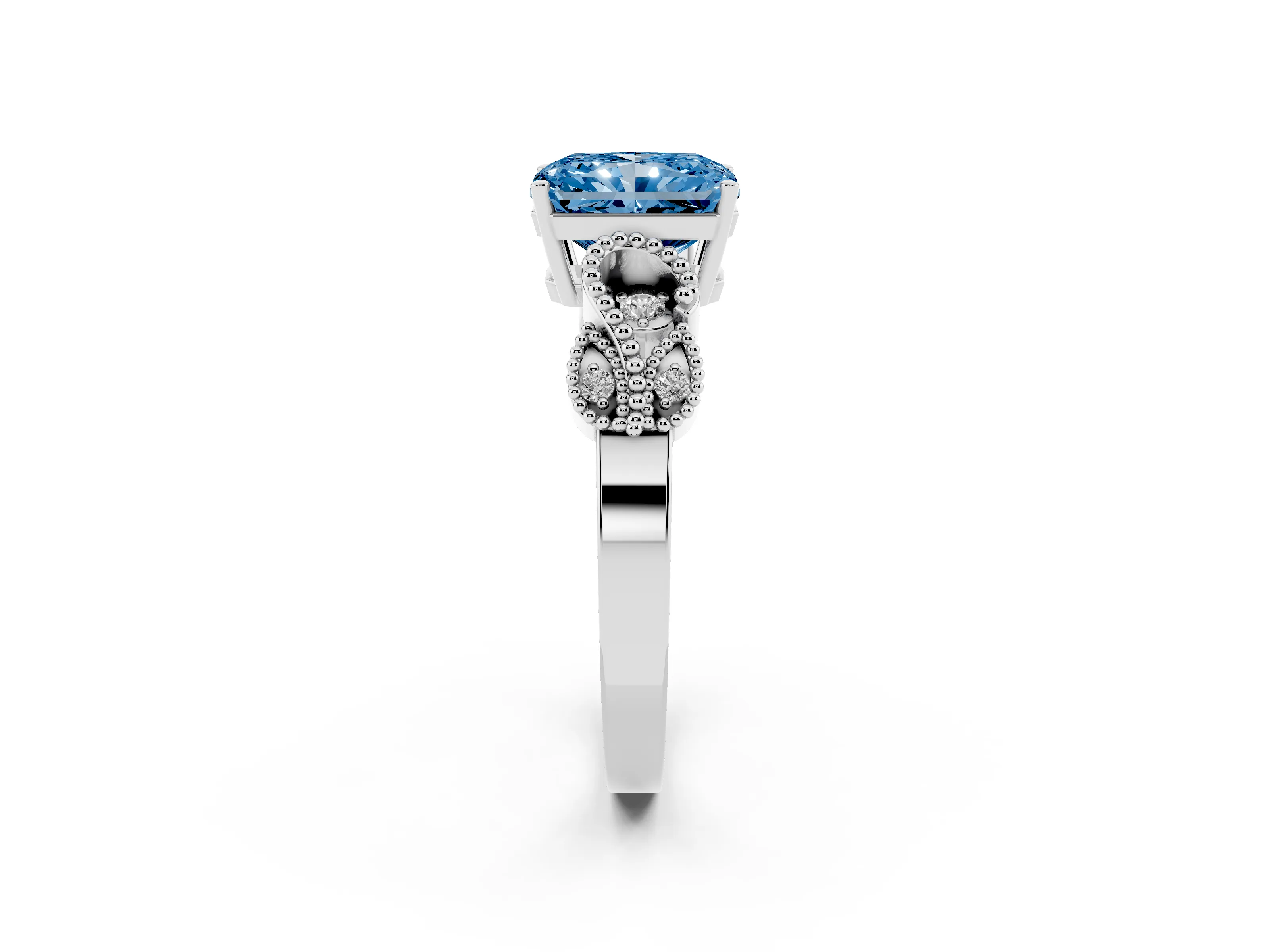 Fancy Blue Radiant Cut Diamond Milgrain Leaf Band Solitaire Ring Set in Platinum with Accent Stones and Prong Setting