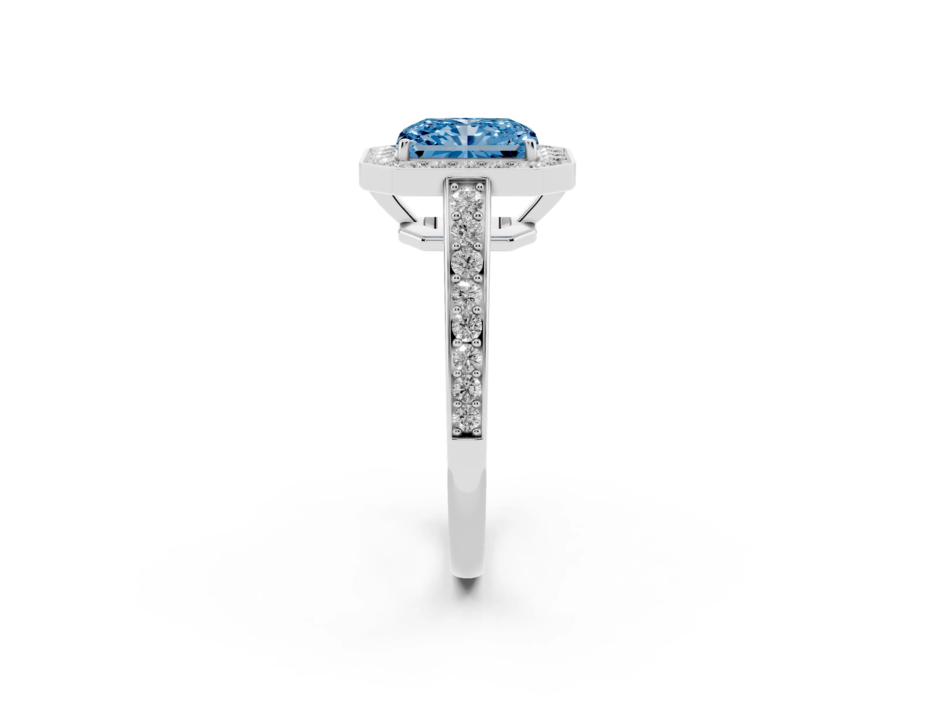 Fancy Blue Radiant Cut Diamond Halo Pavé Engagement Ring Set in White gold with Bezel Setting