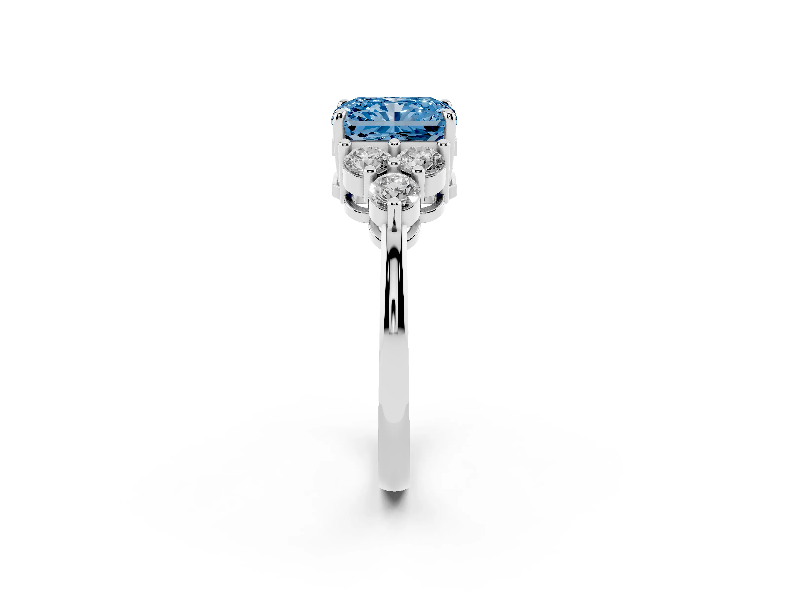 Fancy Blue Radiant Cut Diamond Solitaire Ring Set in White gold with Cluster Accents on Each Side