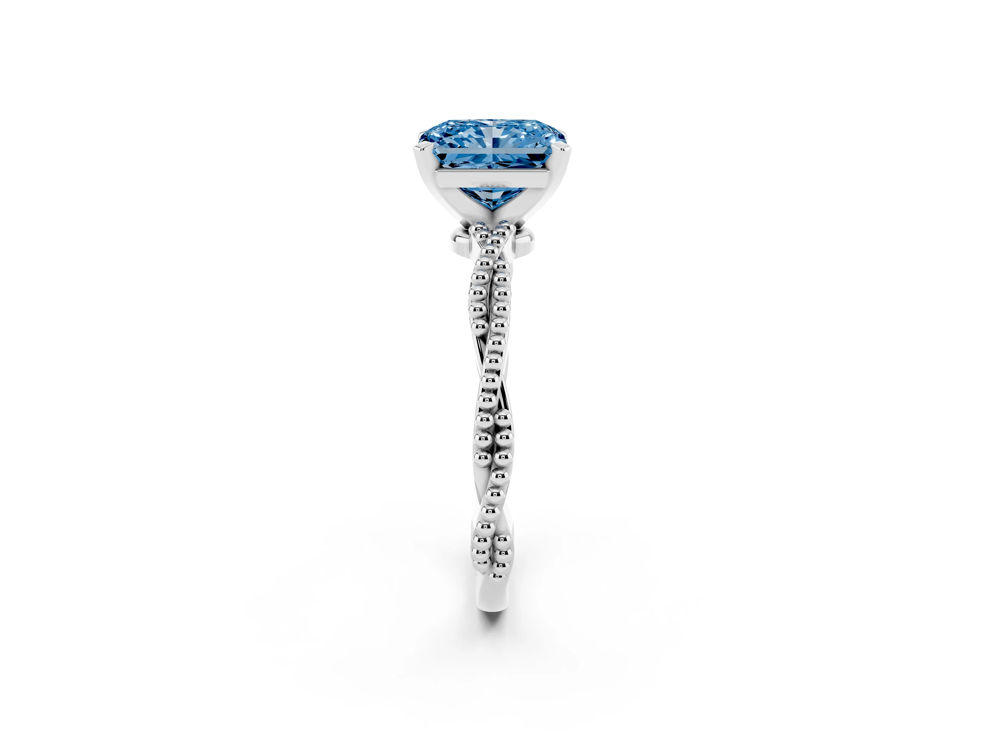Fancy Blue Radiant Cut Diamond Solitaire Ring Set in Silver with Twisted Band and Bead Prong Setting