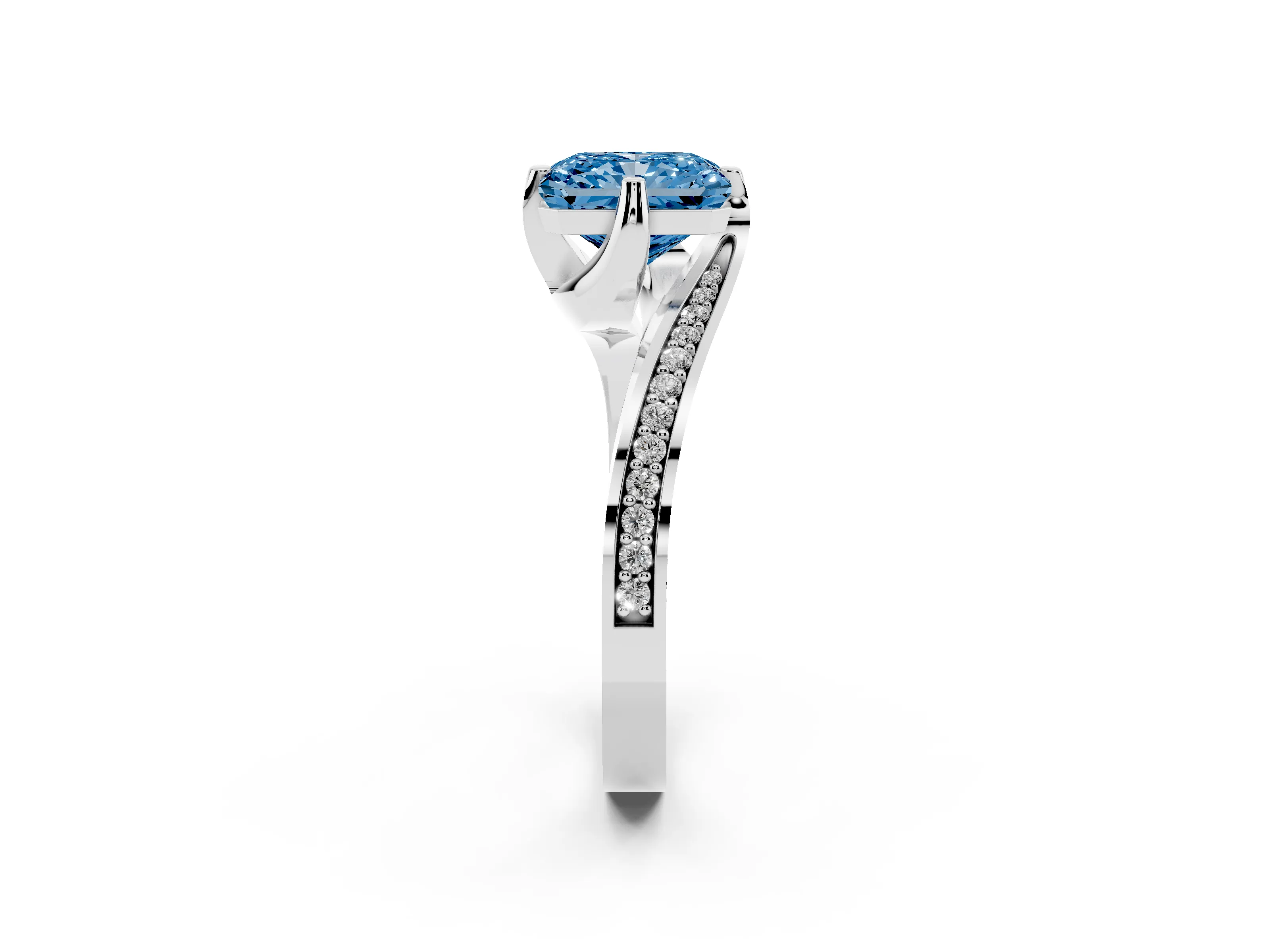 Fancy Blue Radiant Cut Diamond Solitaire Ring Set in Platinum with Intertwined Pavé Twist Band
