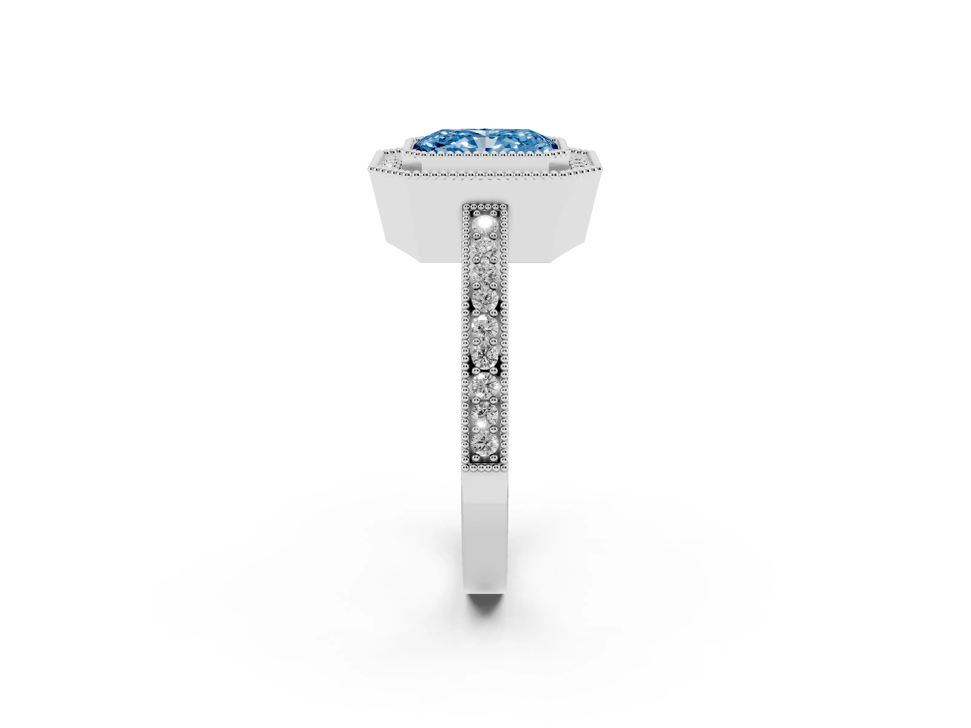 Fancy Blue Radiant Cut Diamond Round Halo Ring Set in White gold with Pavé Band