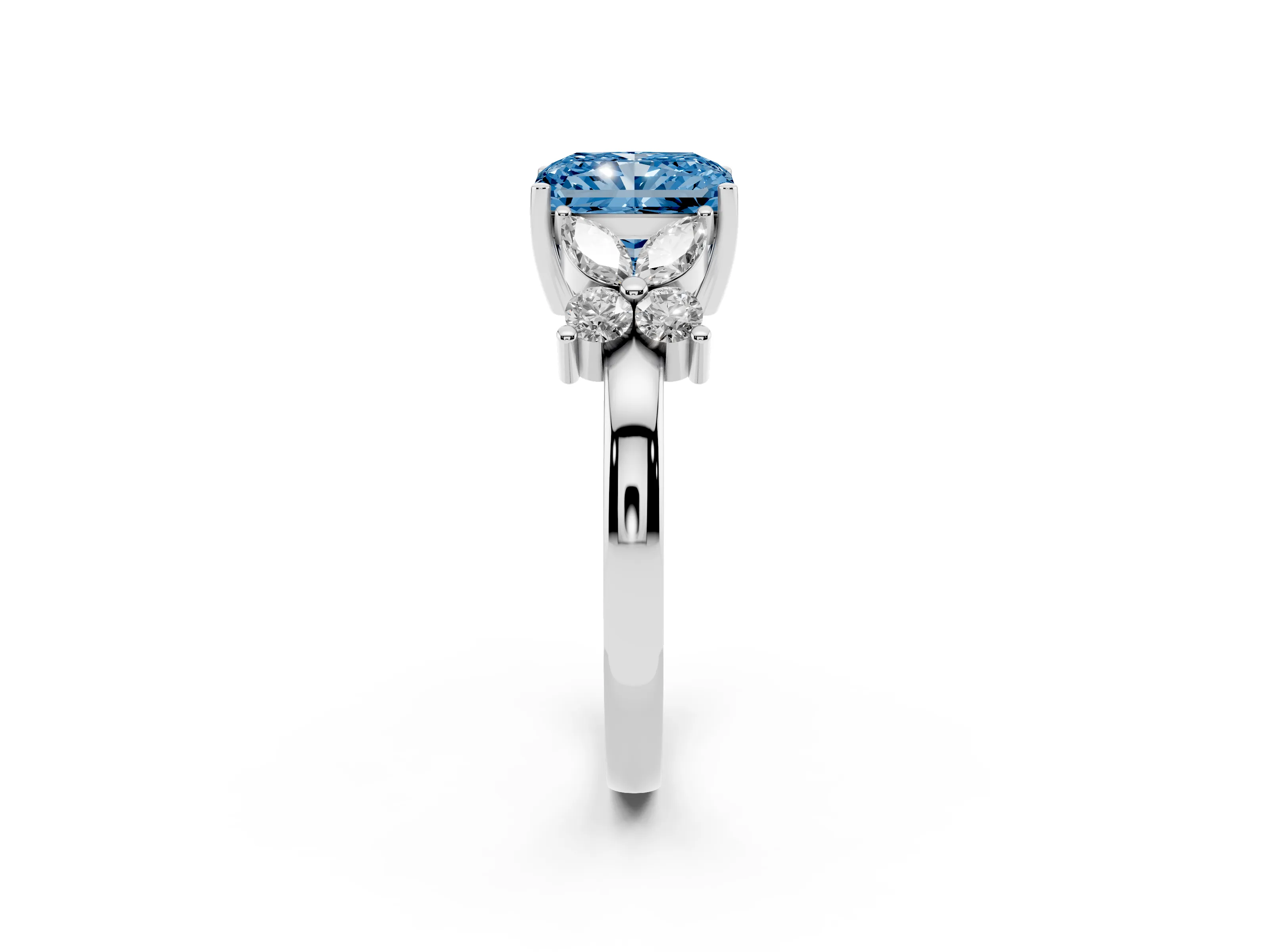 Fancy Blue Radiant Cut Diamond Floral Cluster Ring Set in Silver with Marquise Petals and Prong Setting