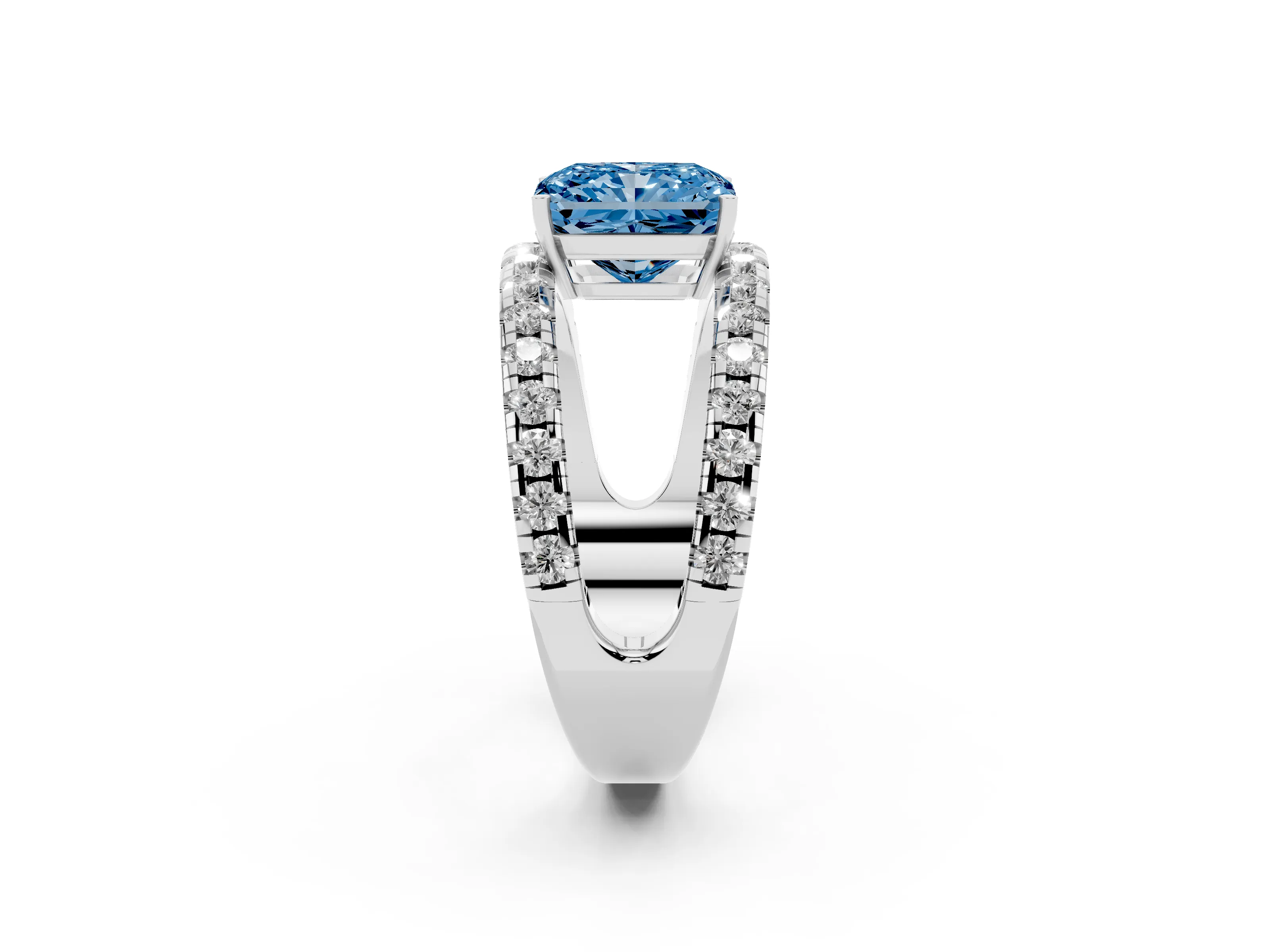 Fancy Blue Radiant Cut Diamond Split Shank Pavé Solitaire Ring Set in White gold with Open Shank Design