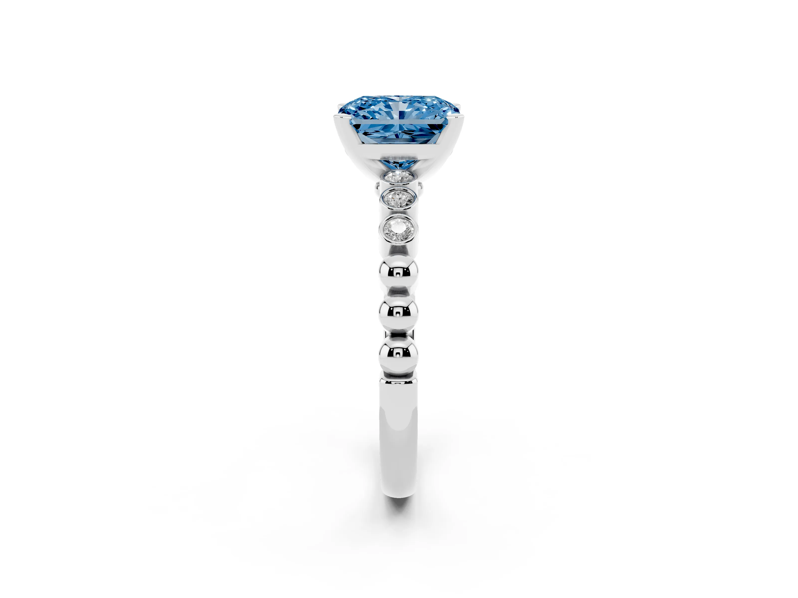 Fancy Blue Radiant Cut Diamond Solitaire Engagement Ring Set in Platinum with Bezel Accents on Beaded Band