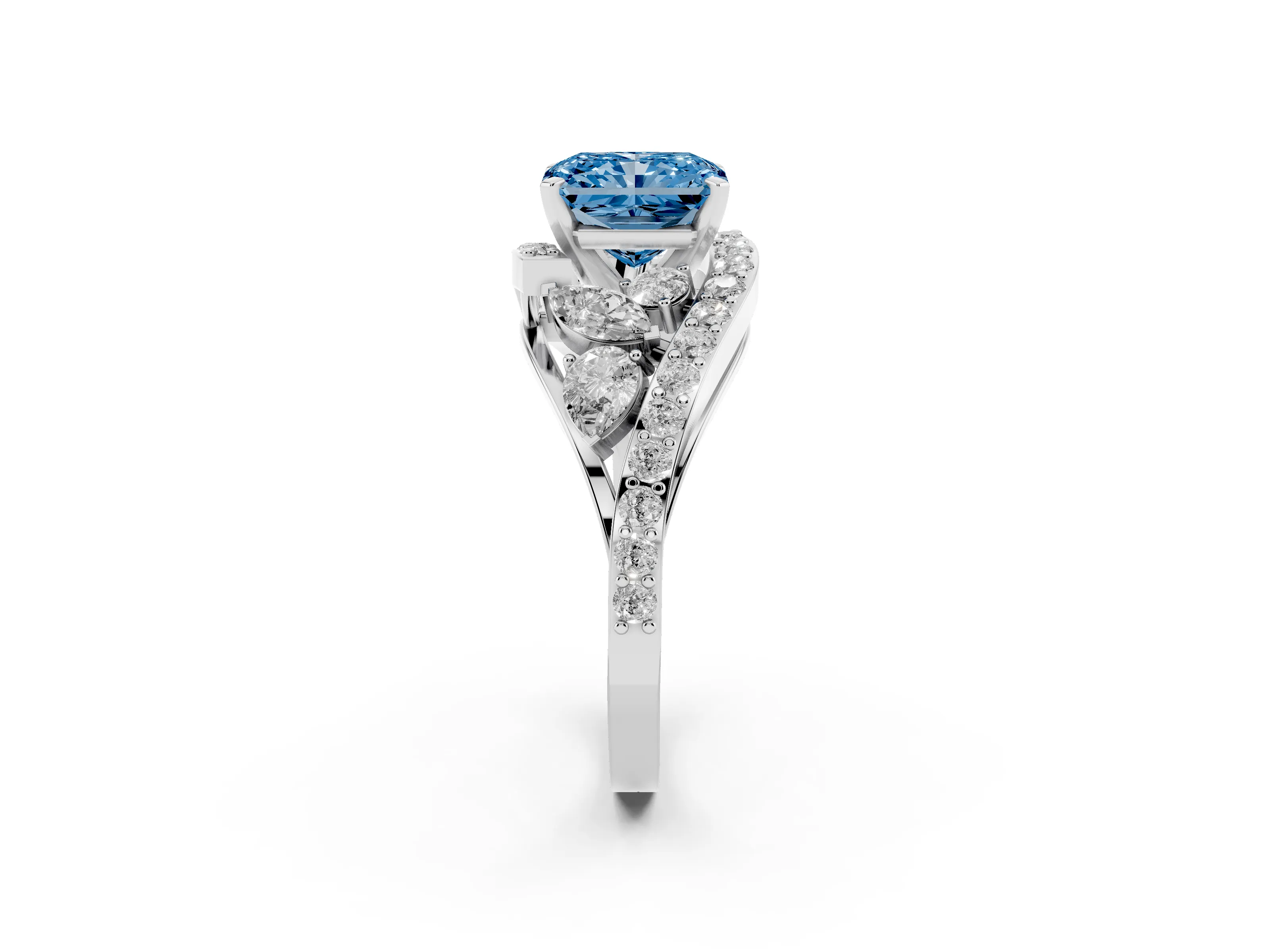 Fancy Blue Radiant Cut Diamond Halo Ring Set in White gold with Marquise and Pavé Band in Prong Setting