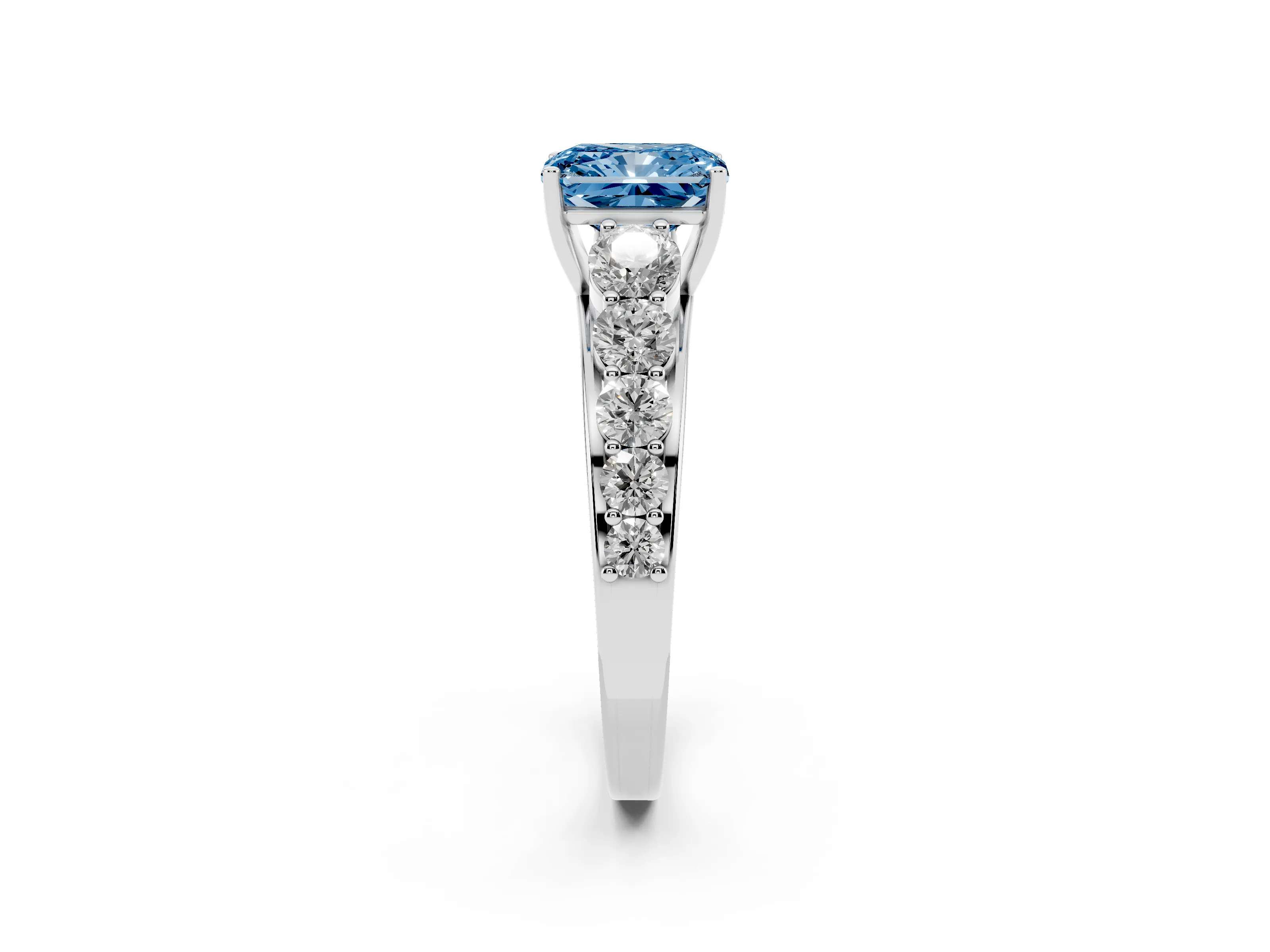 Fancy Blue Radiant Cut Diamond Solitaire Ring Set in Silver with Pavé-Set Band and Prong Setting