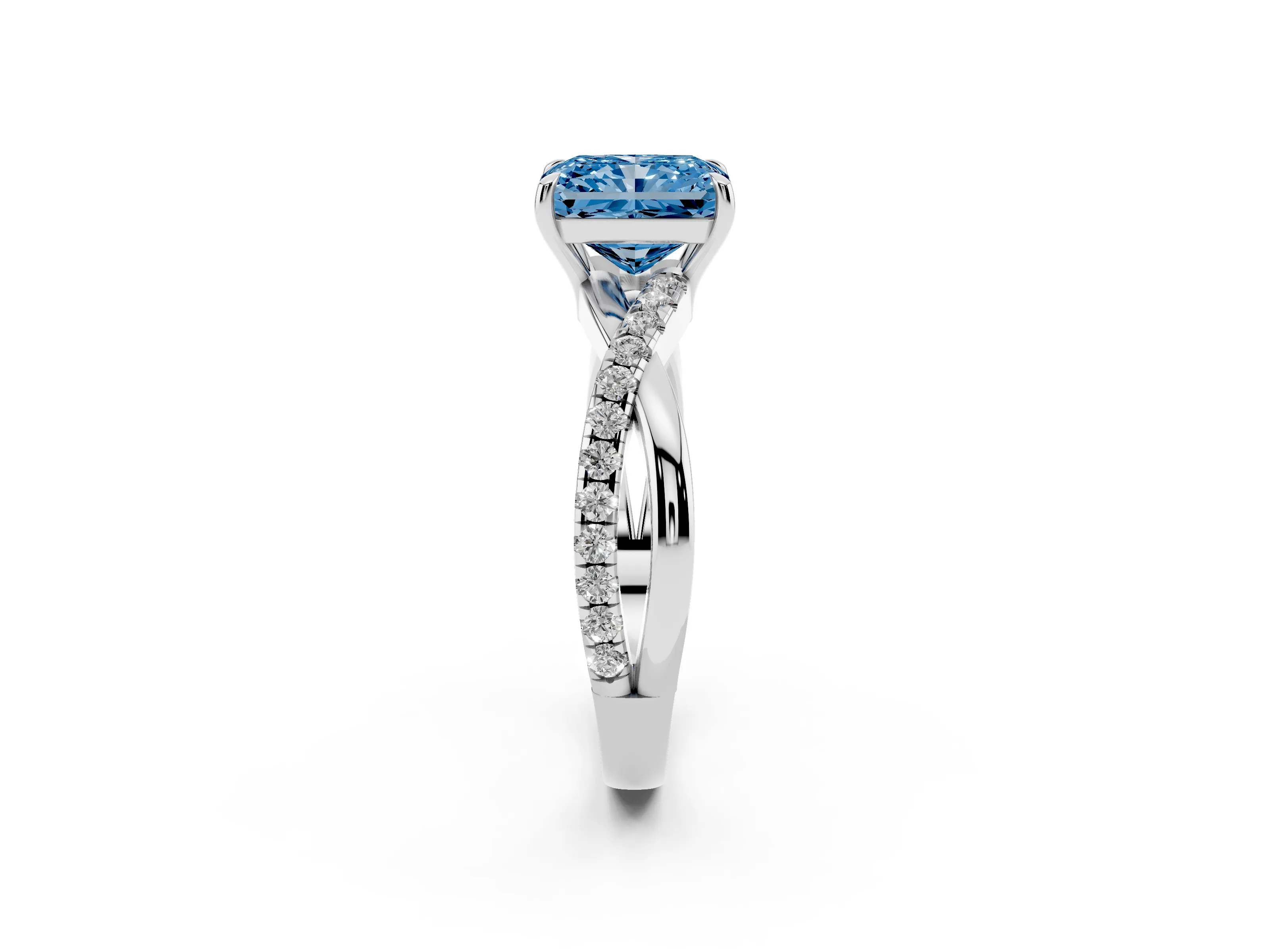 Fancy Blue Radiant Cut Diamond Twisted Pavé Band Ring Set in Silver with Prong Setting
