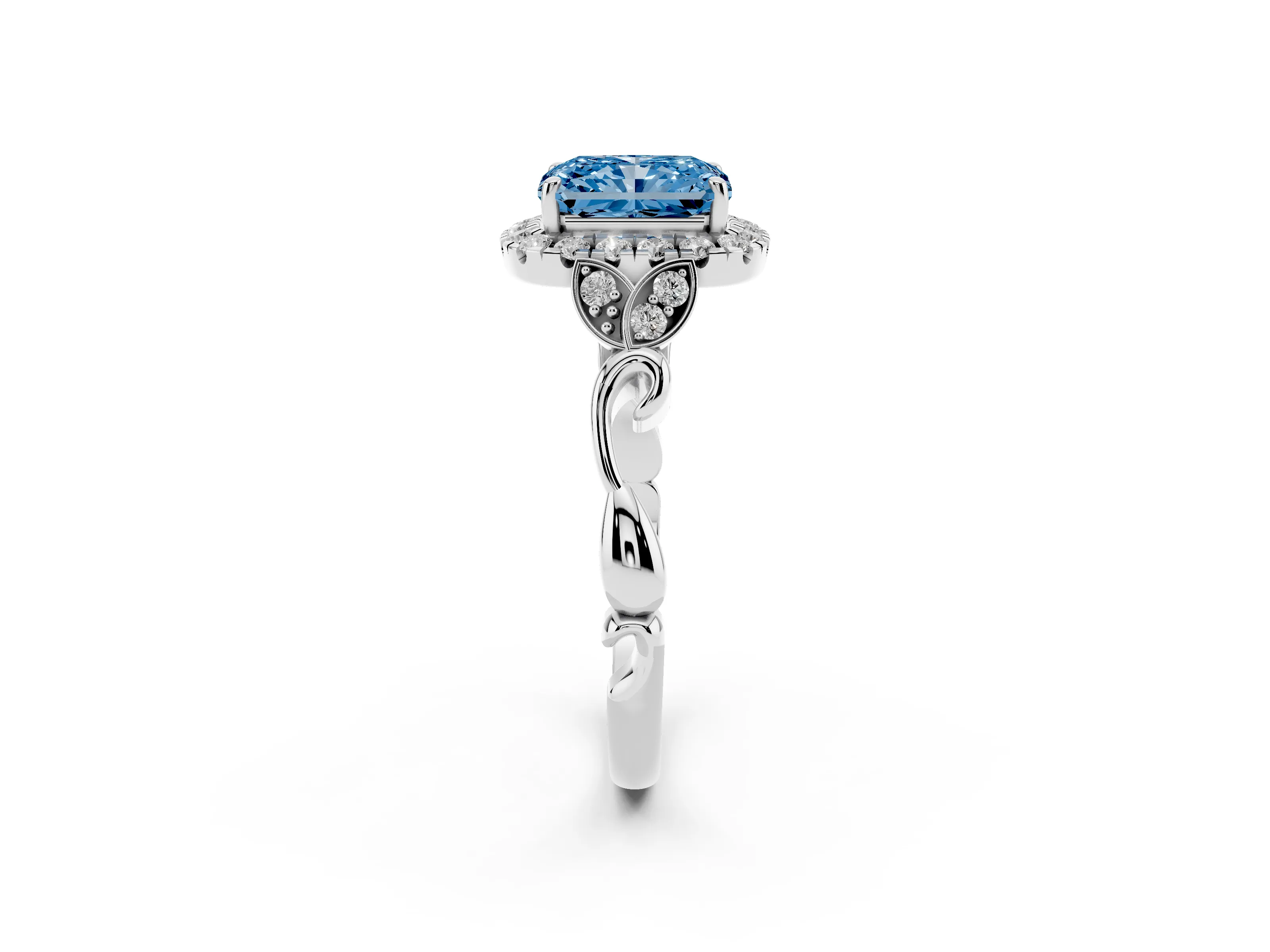 Fancy Blue Radiant Cut Diamond Halo Engagement Ring Set in Platinum with Vintage-Inspired Band and Prong Setting