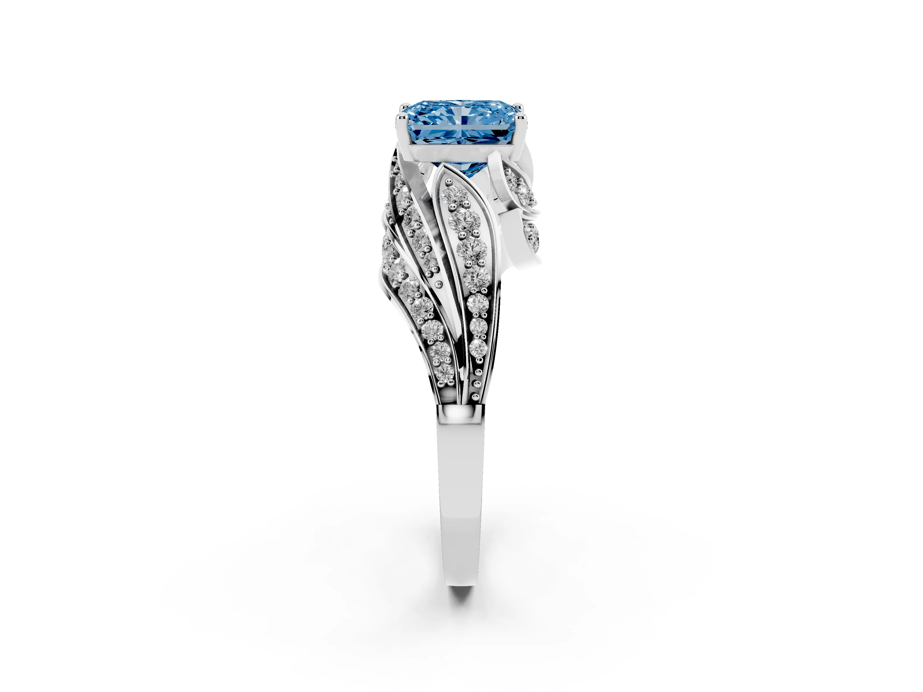 Fancy Blue Radiant Cut Diamond Solitaire Ring Set in White gold with Layered Twist Pavé Band