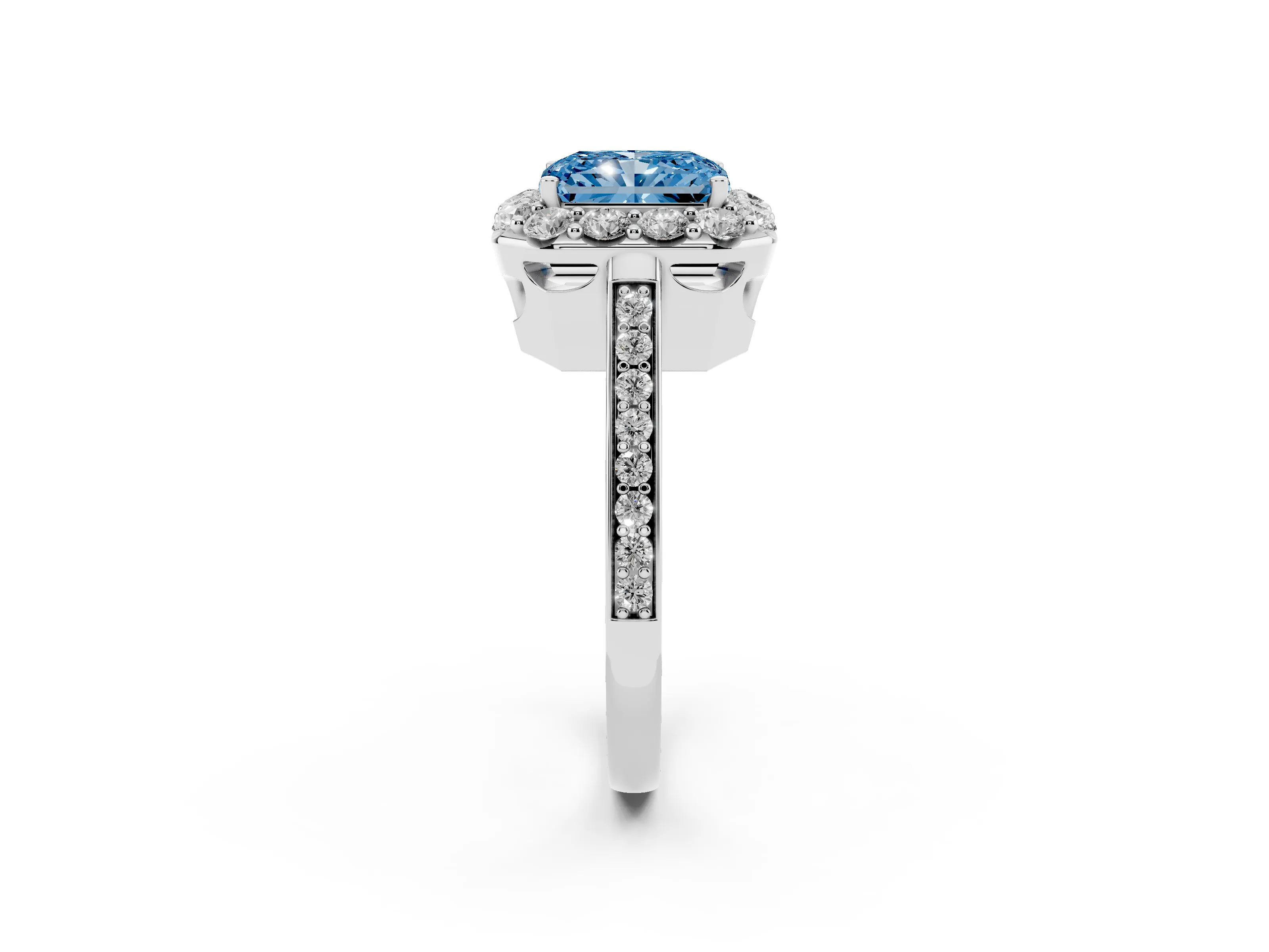 Fancy Blue Radiant Cut Diamond Floral Halo Ring Set in Platinum with Pavé Band and Prong Setting