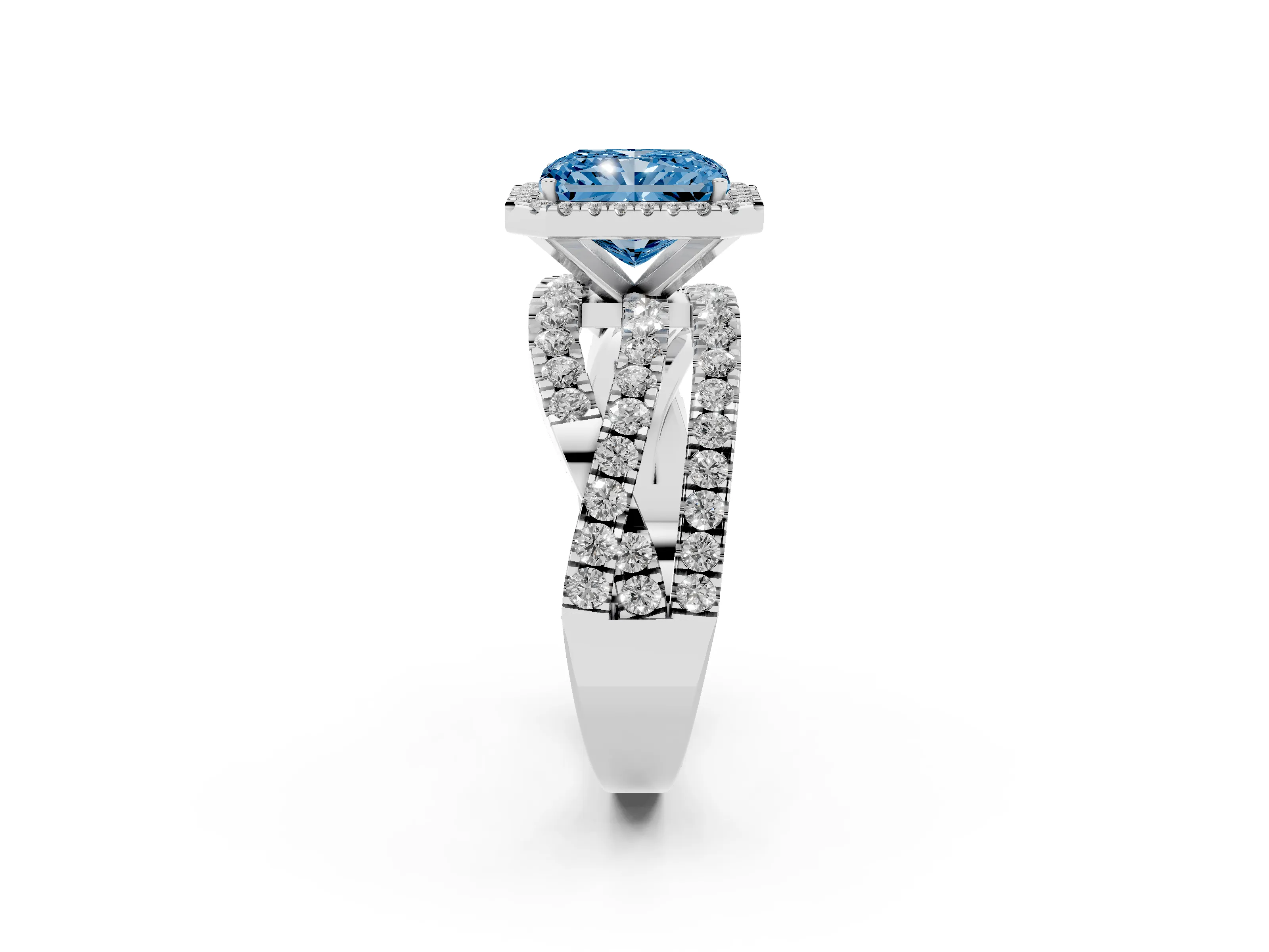 Fancy Blue Radiant Cut Diamond Halo Ring Set in Platinum with Round Crossover Split Shank and Prong Setting
